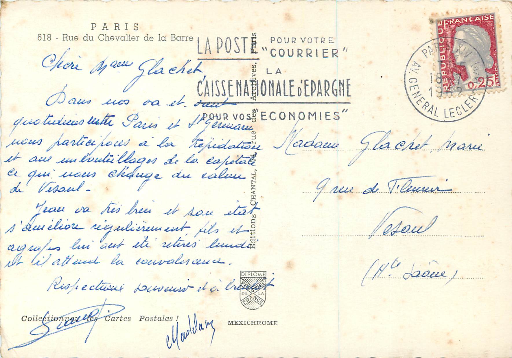 CPM Paris Rue du Chevelier de la Barre — Verso
