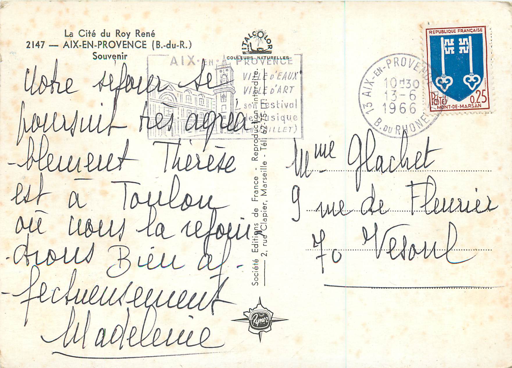 CPM Aix en Provence (B du R) la Cite du Roy Rene Souvenir — Verso