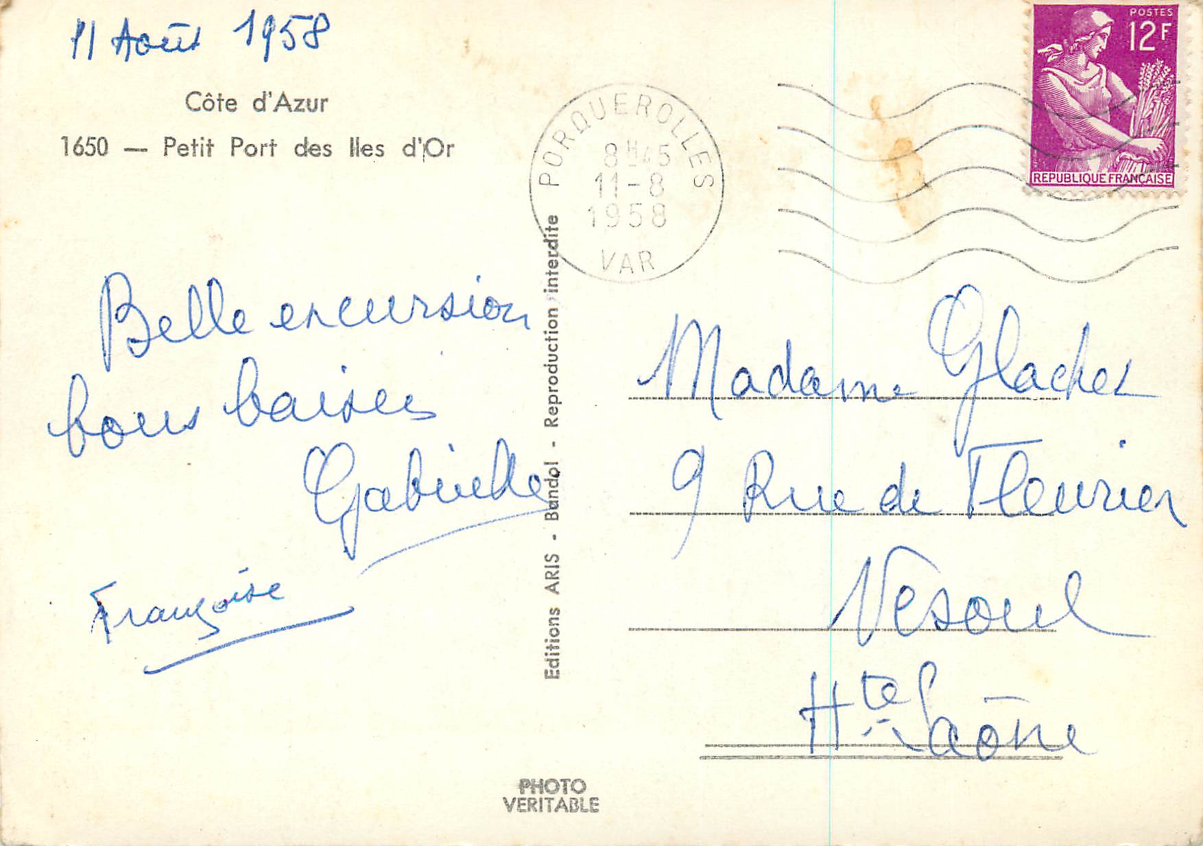 CPM Petit Port de l'Iles d'Or Cote d'Azur Bateaux — Verso