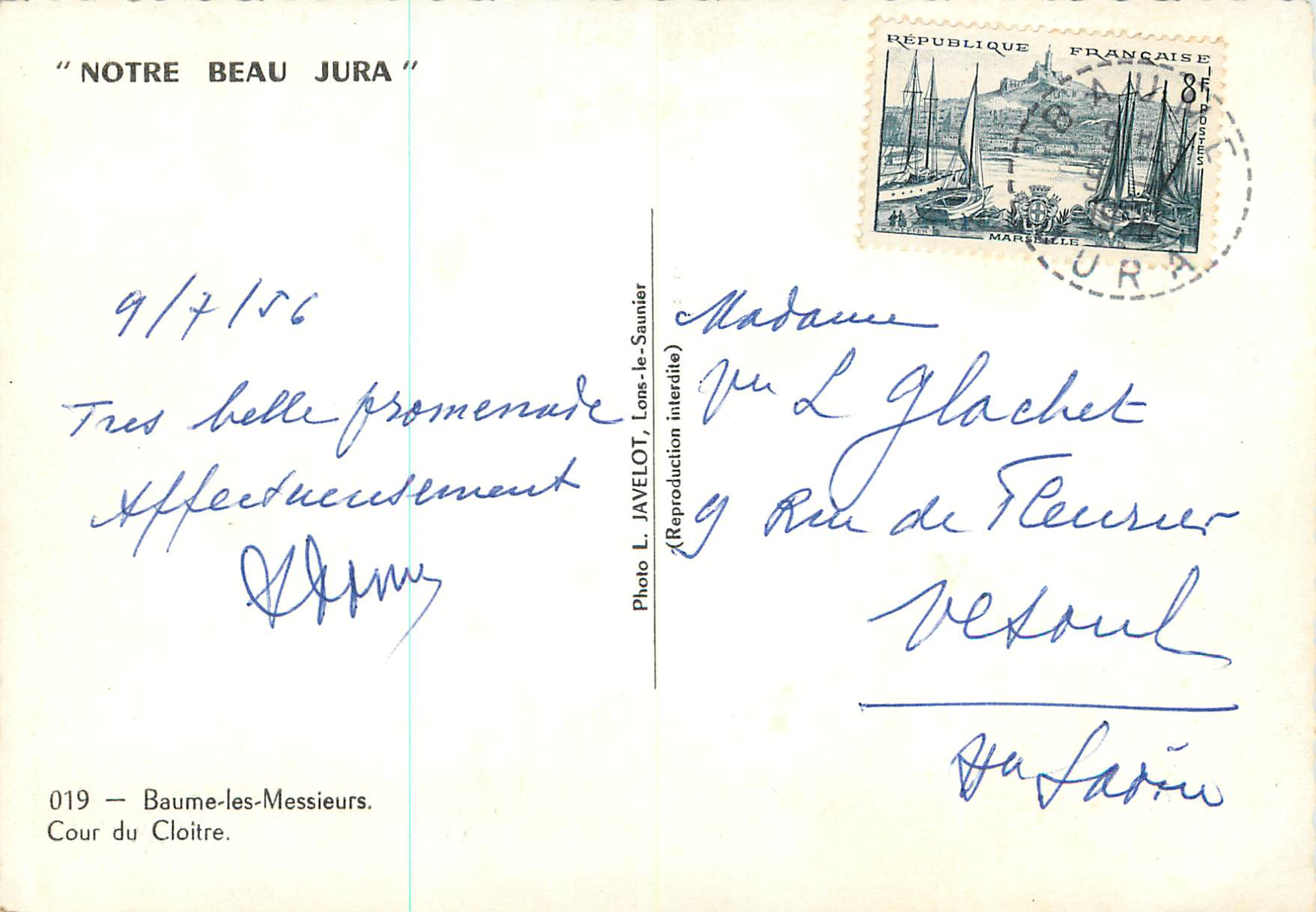 CPM Notre Beau  Baume les Messieurs Cour du Cloitre — Verso