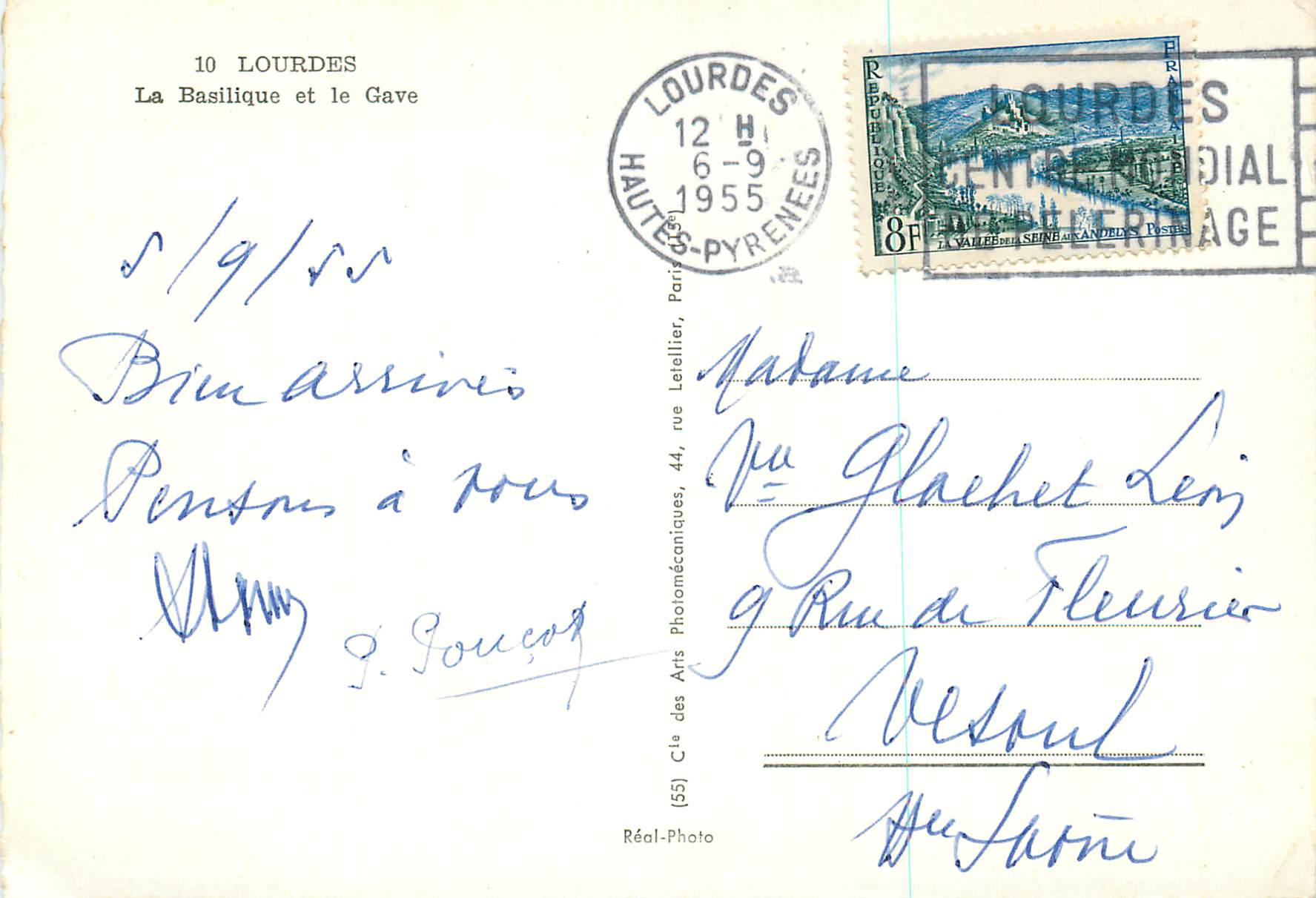 CPM Lourdes La Basilique et le Gave — Verso