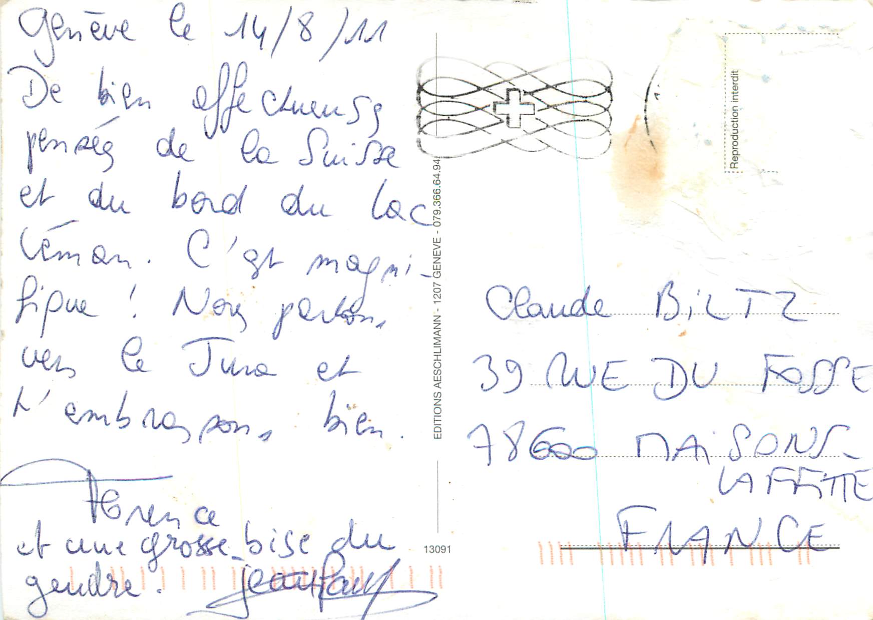 Genève — vue du lac et du Jet d'eau — Éditions Aeschlimann, n°13091 — Rückseite