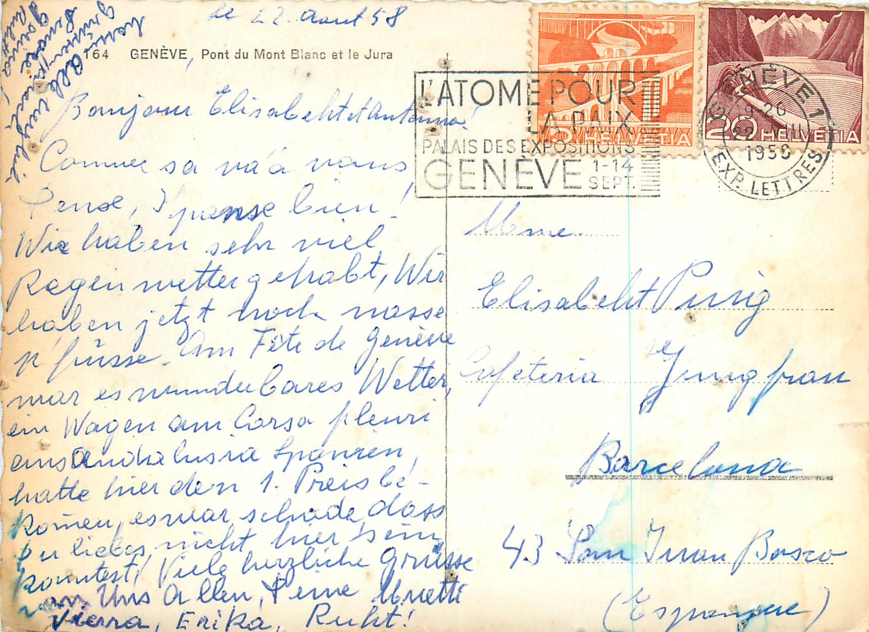 Genf, Pont du Mont-Blanc und der Jura — Verlag '164' und Stempel 'L'Atome pour la Paix' — Rückseite