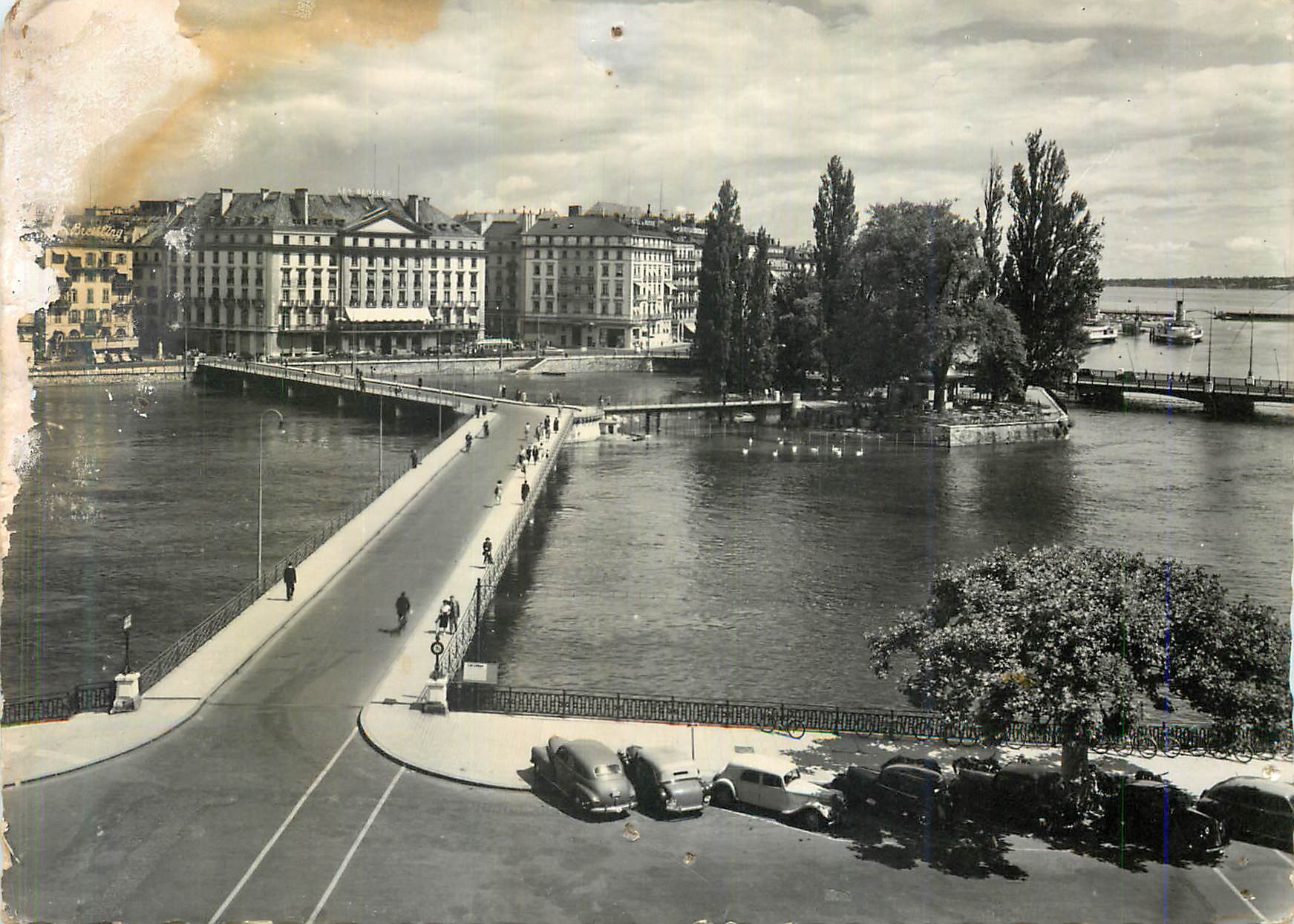 Genf: Pont des Bergues-Brücke und Insel J.-J. Rousseau — Antike Ansichtskarte Nr. 165, Verlag nicht sichtbar
