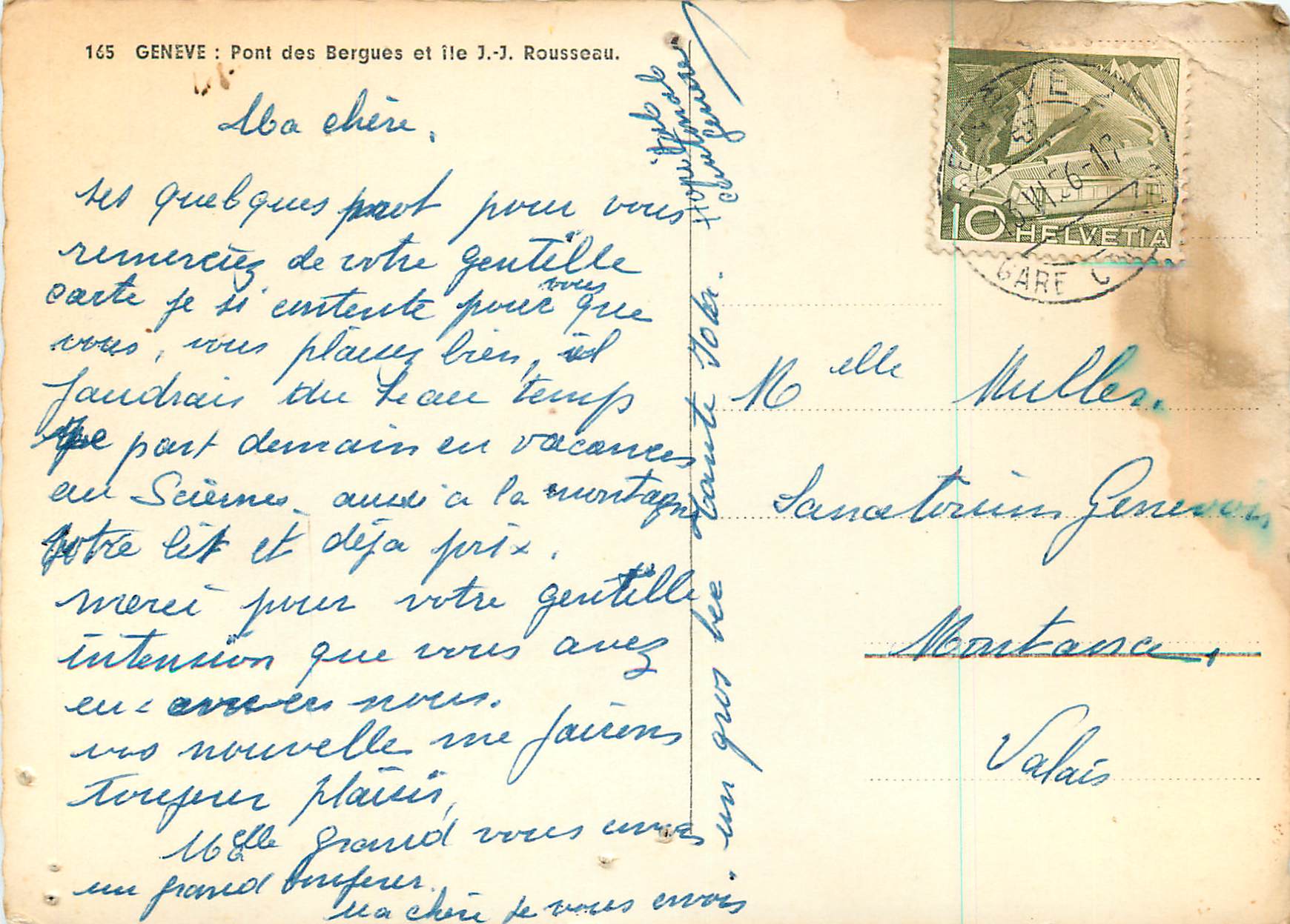 Genf: Pont des Bergues-Brücke und Insel J.-J. Rousseau — Antike Ansichtskarte Nr. 165, Verlag nicht sichtbar — Rückseite
