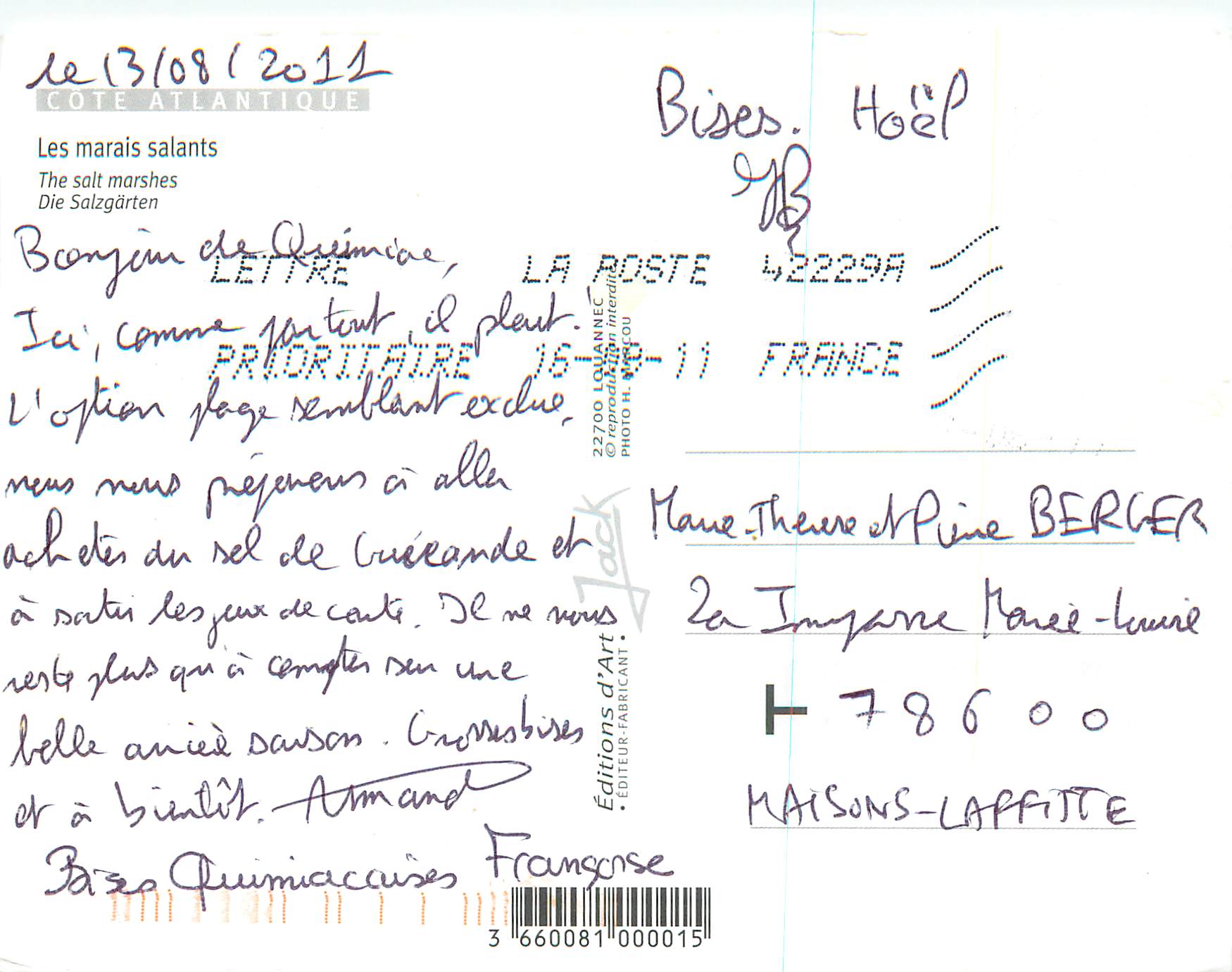 CPM Les Marais Salants Cote Atlantiques — Rückseite