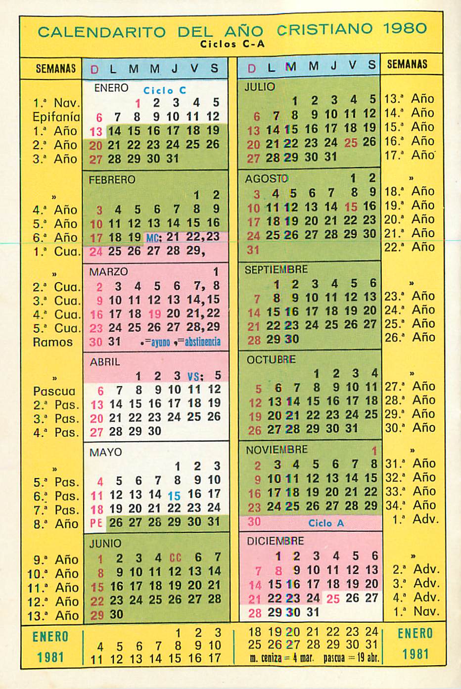 Calendrier 1980 Santander Amando a tu Madre oh Nino Tu me Quisiste Ensenar con Cuantisimo Carino — Rückseite