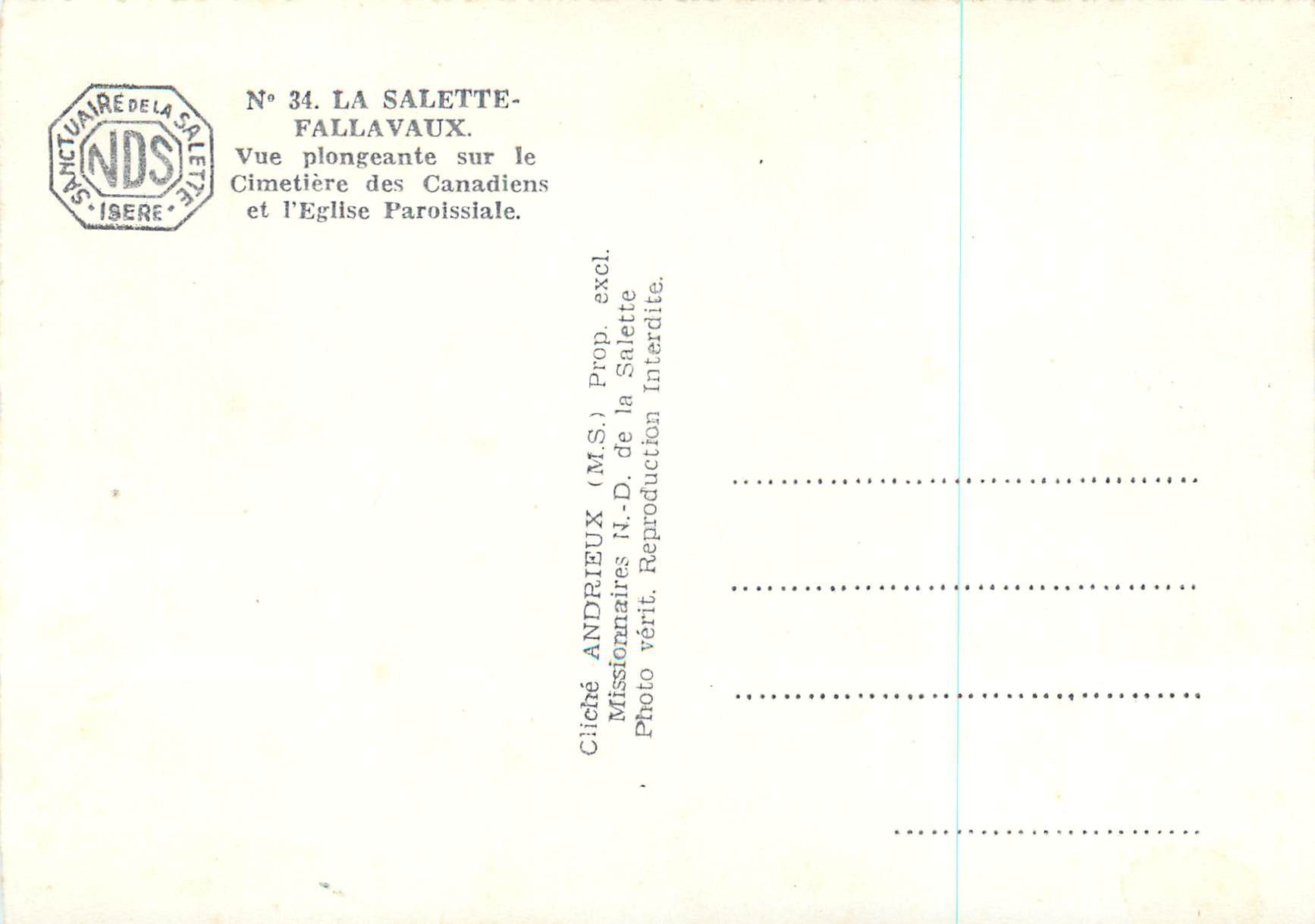La Salette-Fallavaux — Vue plongeante sur le cimetière des Canadiens et l'église paroissiale — Sanctuaire de la Salette — Verso