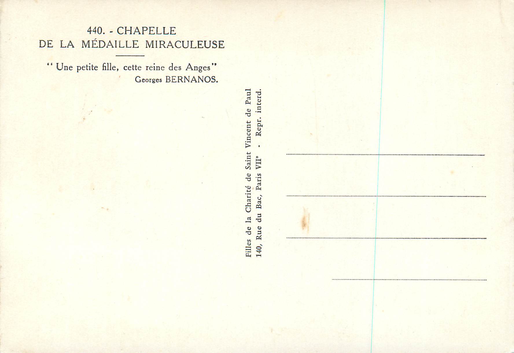 CPM Chapelle de la Medaille Miraculeuse une Petite Fille cette Reine des Anges Georges Bernanos — Rückseite