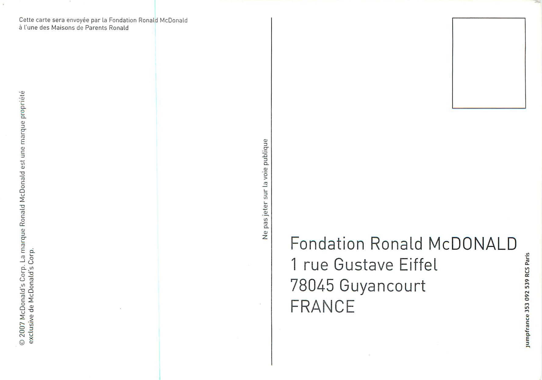 CPM Cette Carte sera Envoyee par la Fondation Ronald Mc Donald  — Rückseite