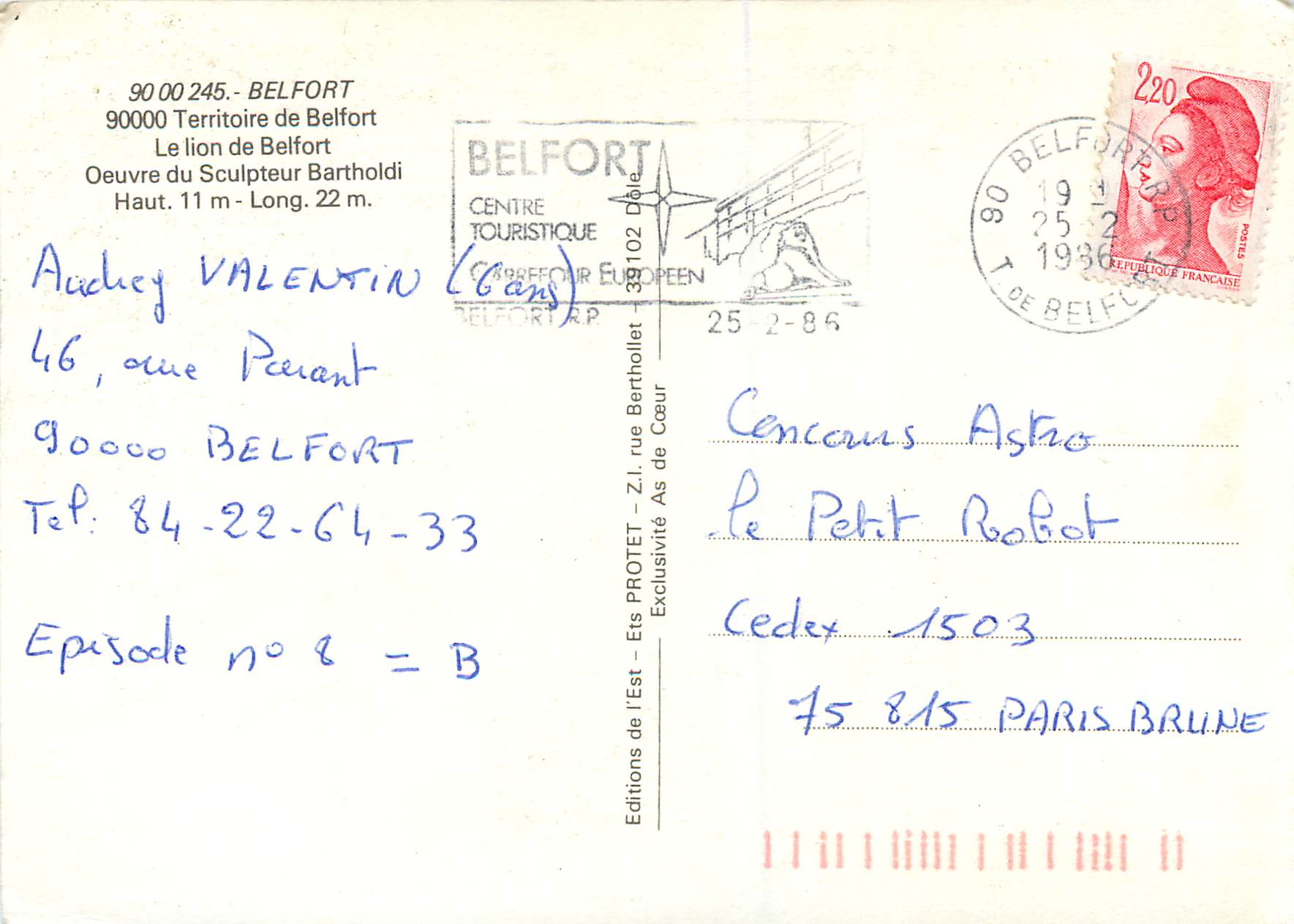 Le lion de Belfort — œuvre du sculpteur Bartholdi — Éditions As de Cœur — Rückseite