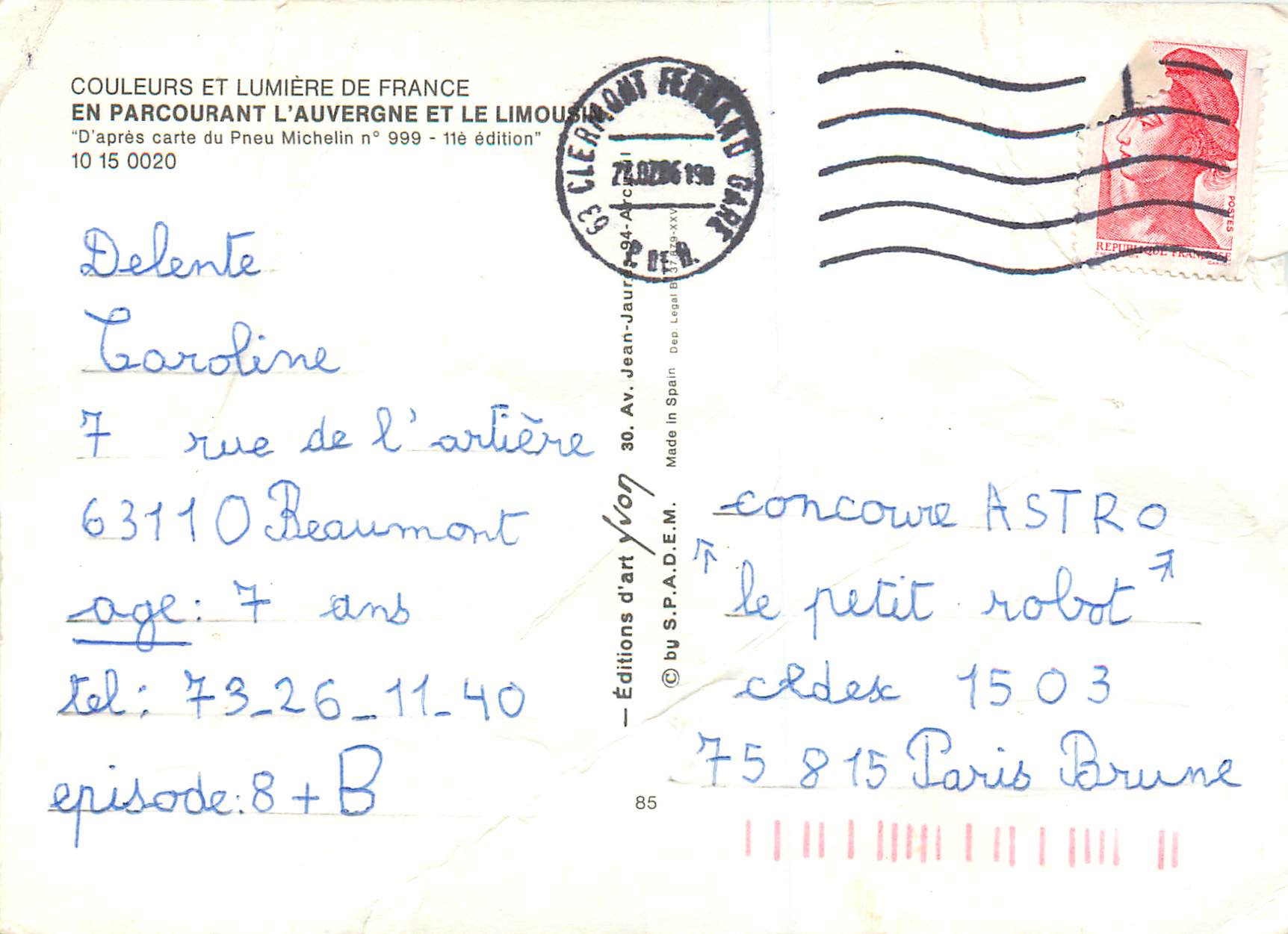 Carte postale touristique — Avergne et Limousin — Éditions S.P.A.D.E.M. — Rückseite