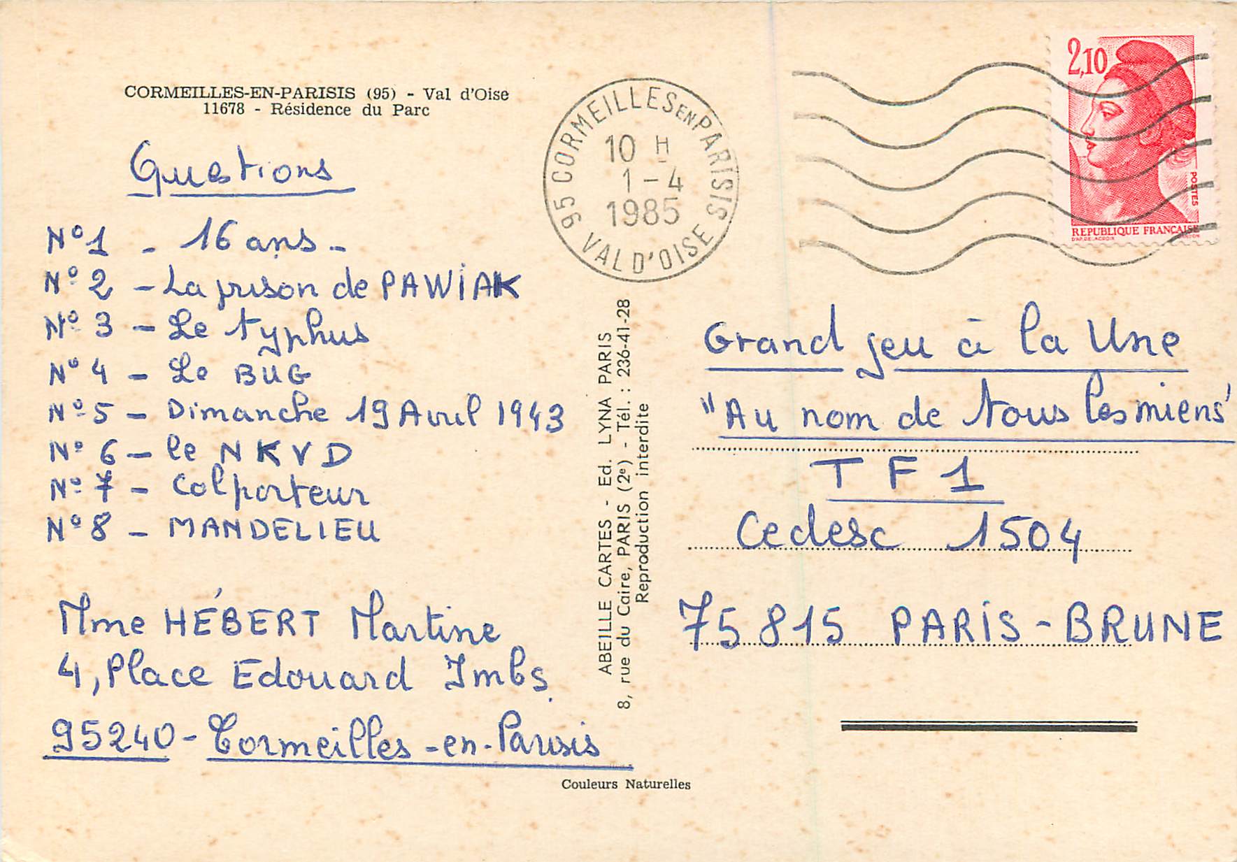 CPA Cormeilles en Parisis Val d'Oise Residence du Parc — Back