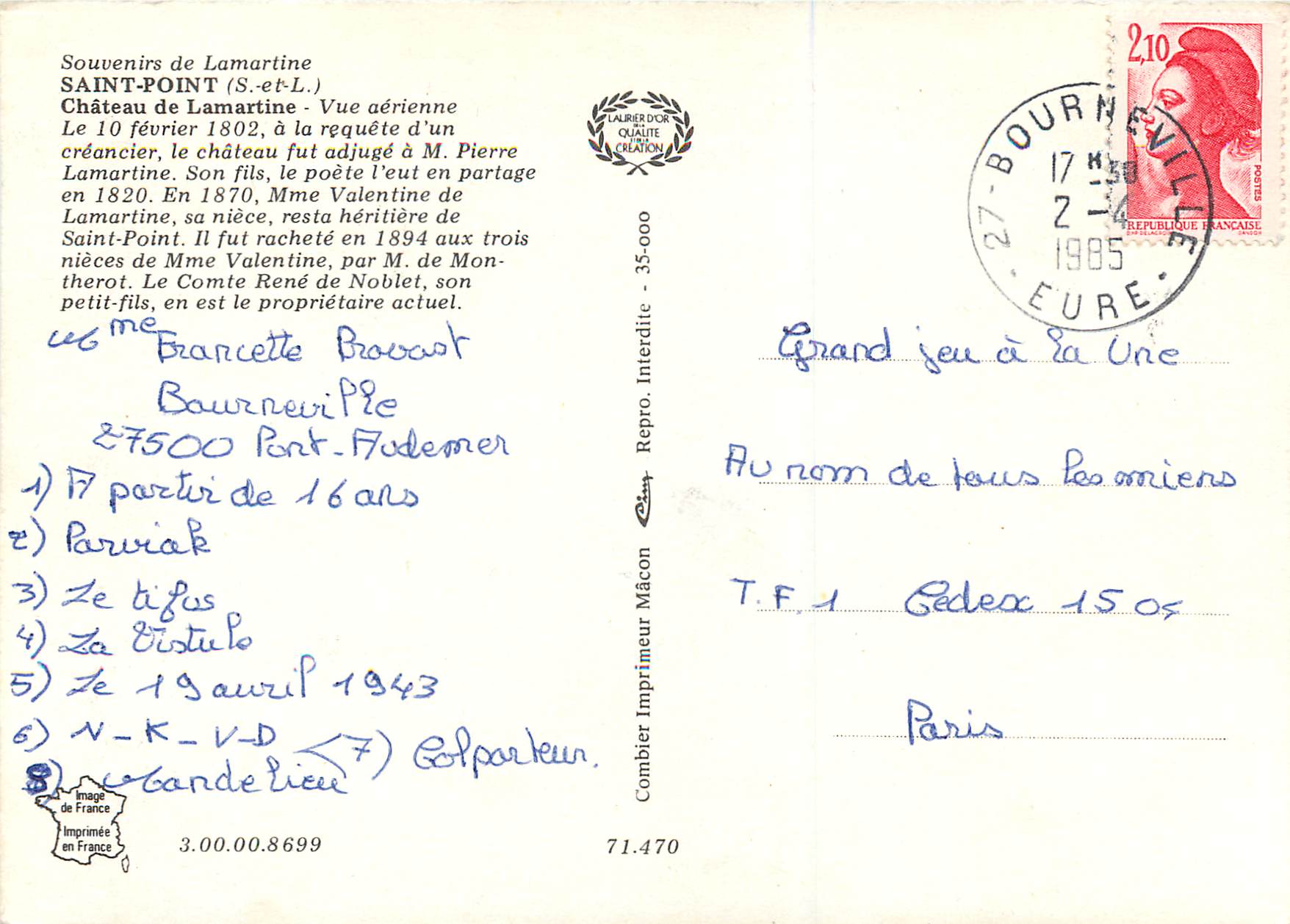 Château de Lamartine — Vue aérienne — Souvenirs de Lamartine, éditeur Combier Imprimeur Mâcon, n° 35.000 — Verso