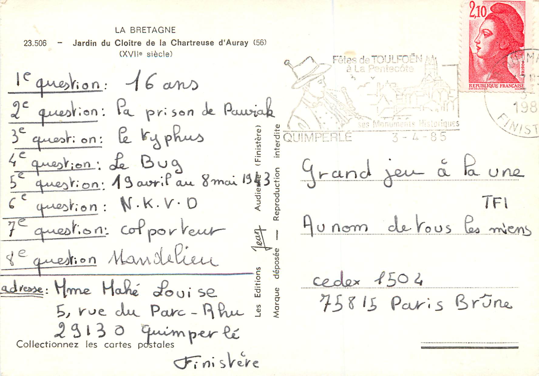 CPA Jardin du Cloitre de la Chartreuse d'Auray (XVIIe siecle) la Bretagne — Rückseite