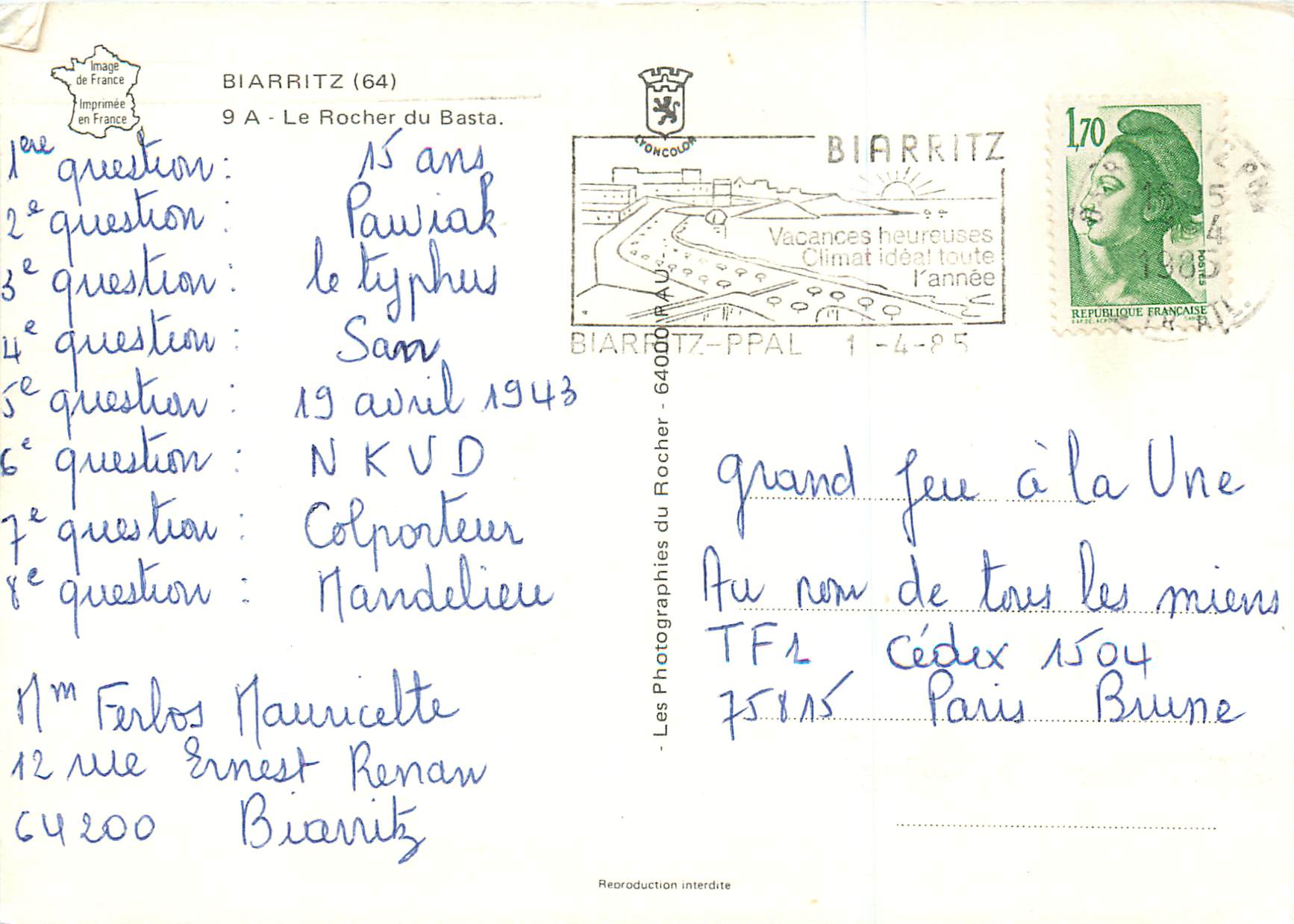 CPA Biarritz le Rocher du Basta — Rückseite