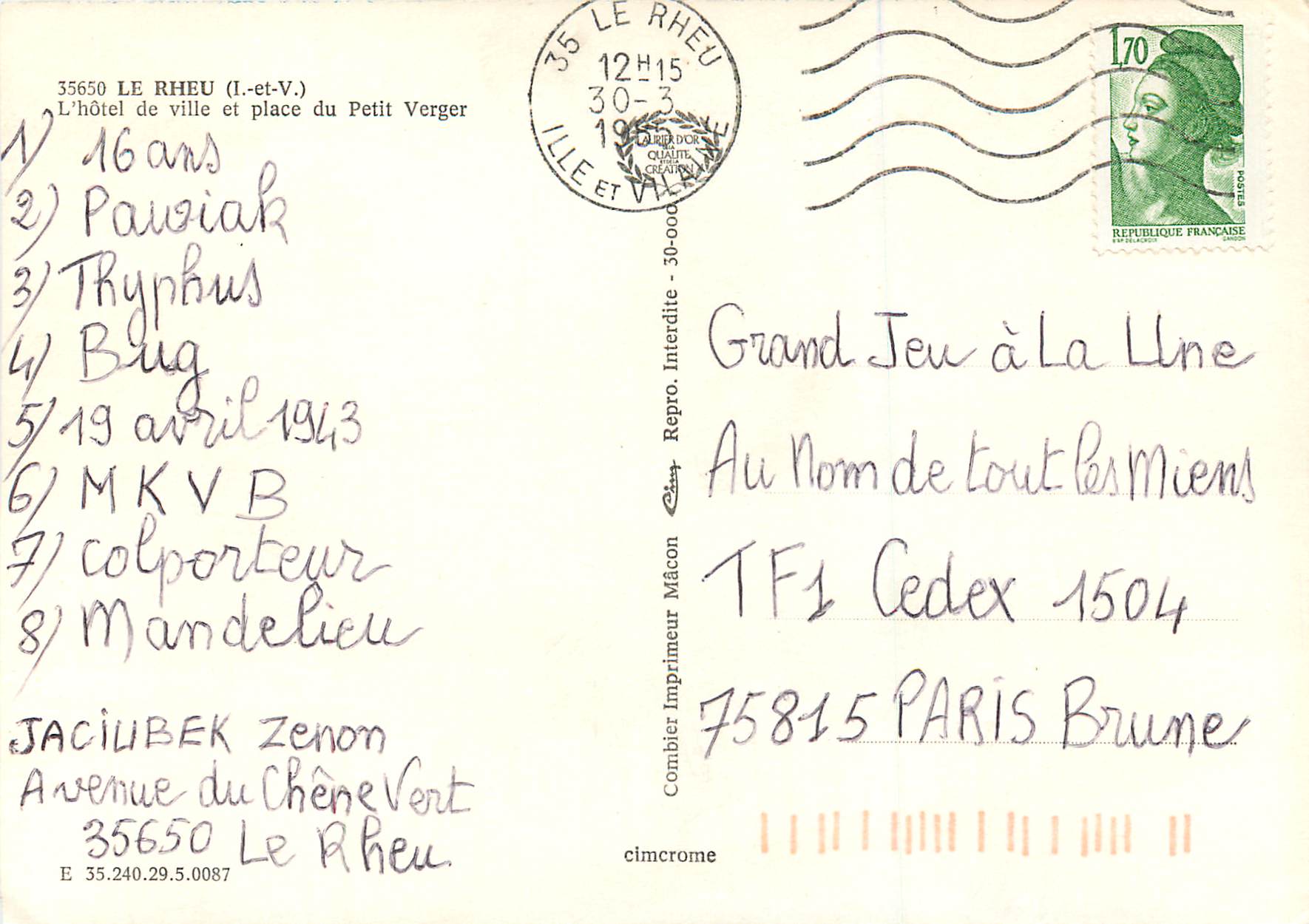 CPA le Rheu (I et V) l'Hotel de Ville et Place du Petit Verger — Rückseite