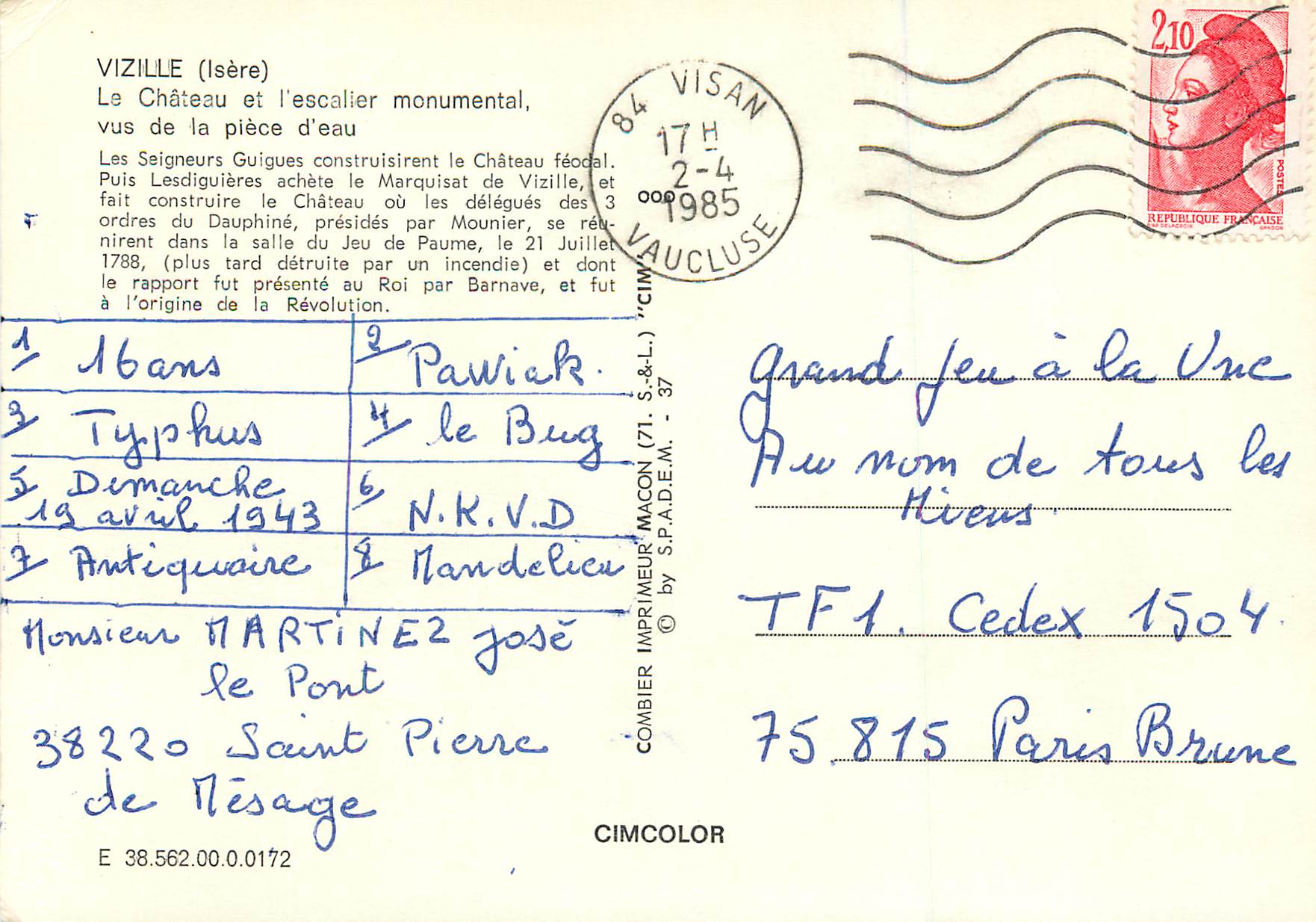 Château de Vizille — Le château et l'escalier monumental, vue de la pièce d'eau — CIMCOLOR — Reverso