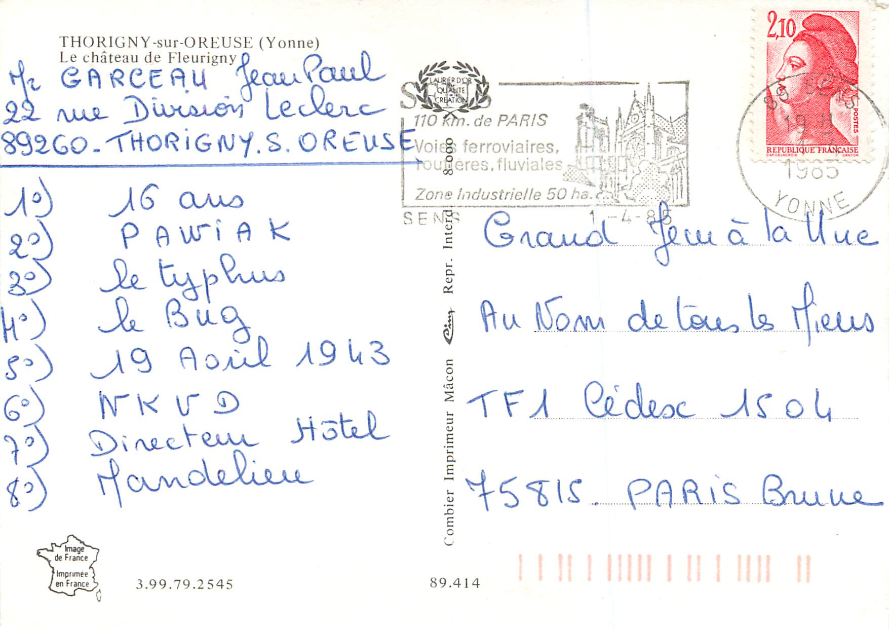 CPA Thorigny sur Oreuse (Yonne) le Chateau de Fleurigny — Verso