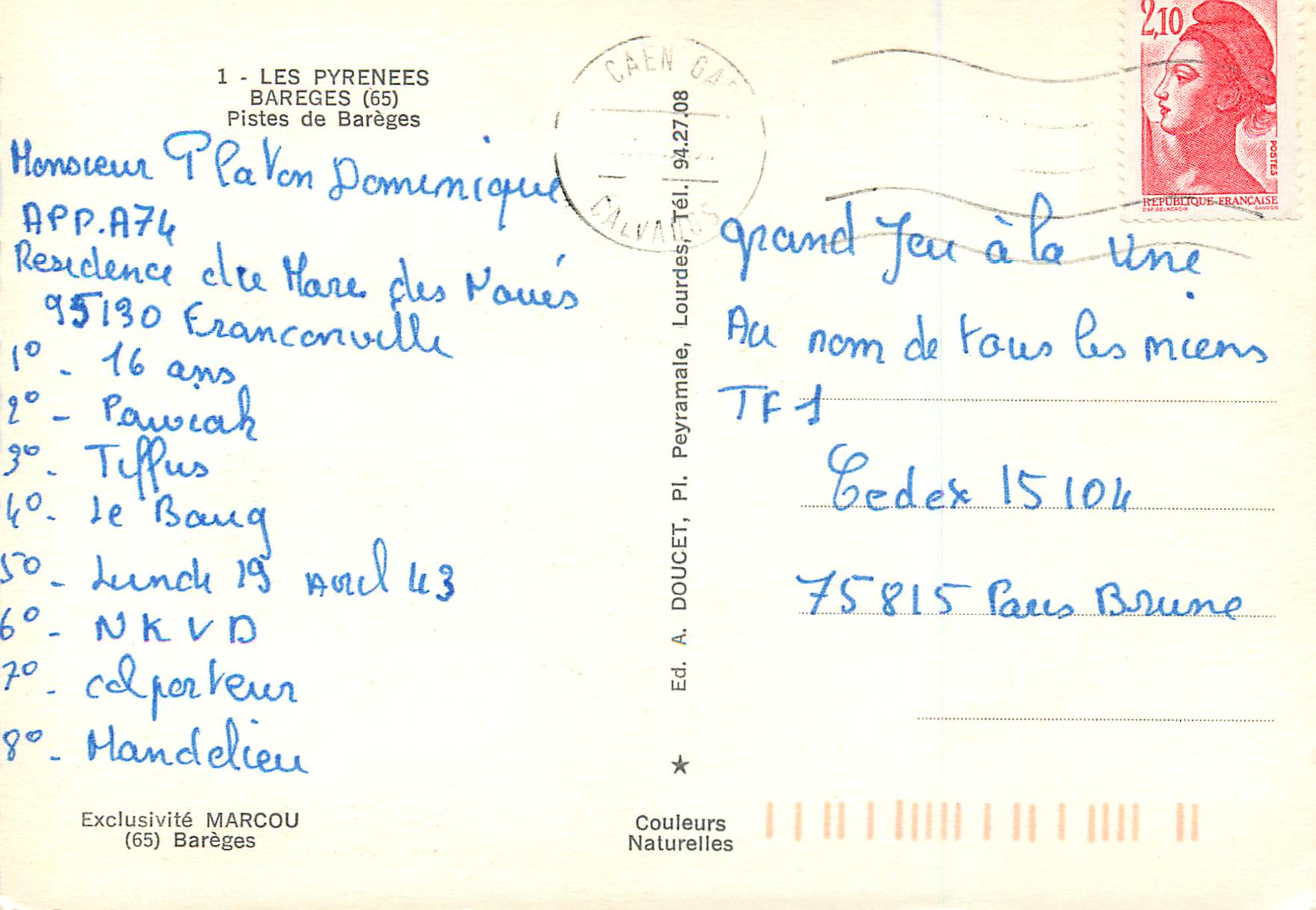 CPA Bareges Pistes de Bareges les Pyrenees — Rückseite