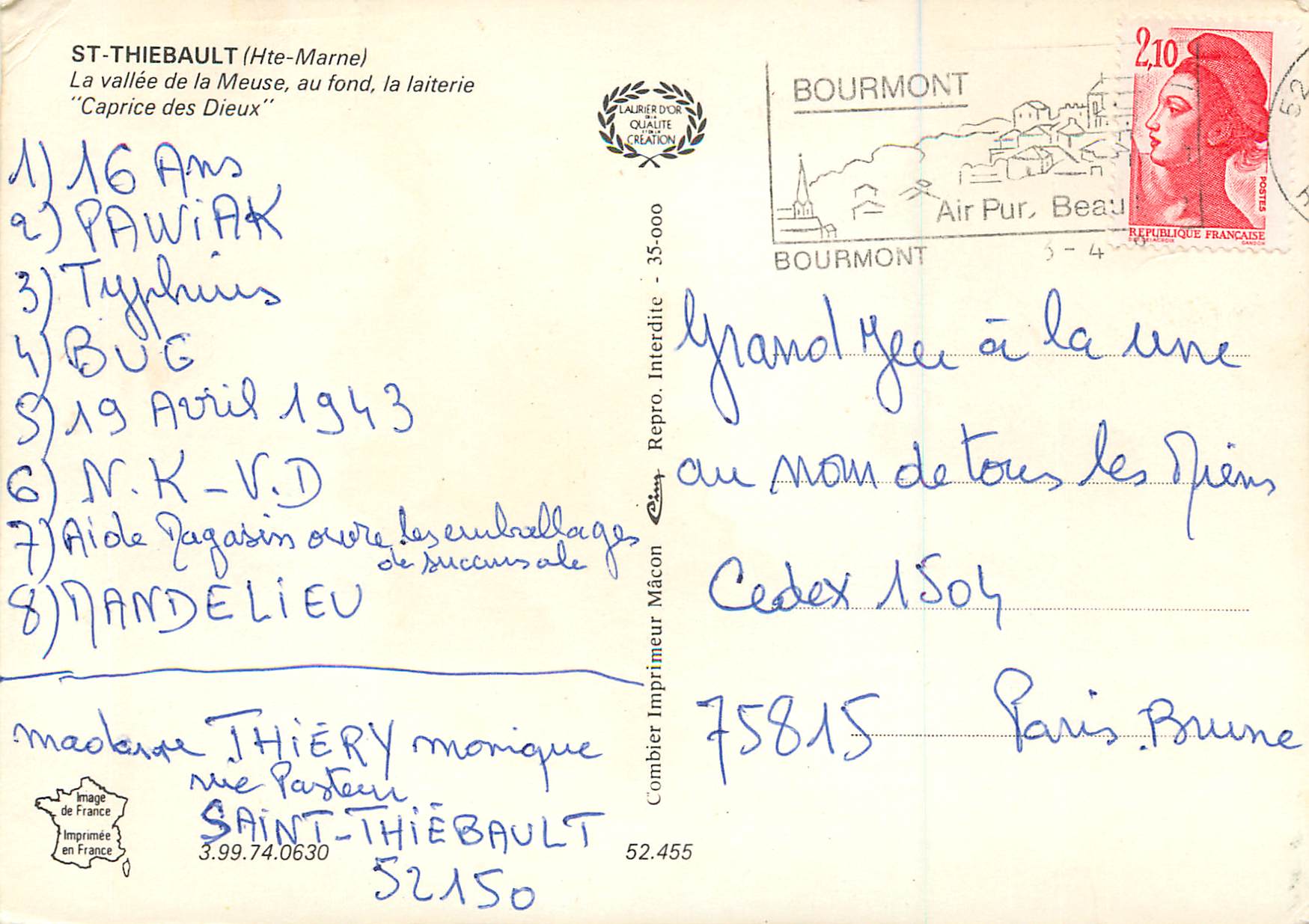 CPA St Thiebault (Hte Marne) la Vallee de la Meuse — Rückseite