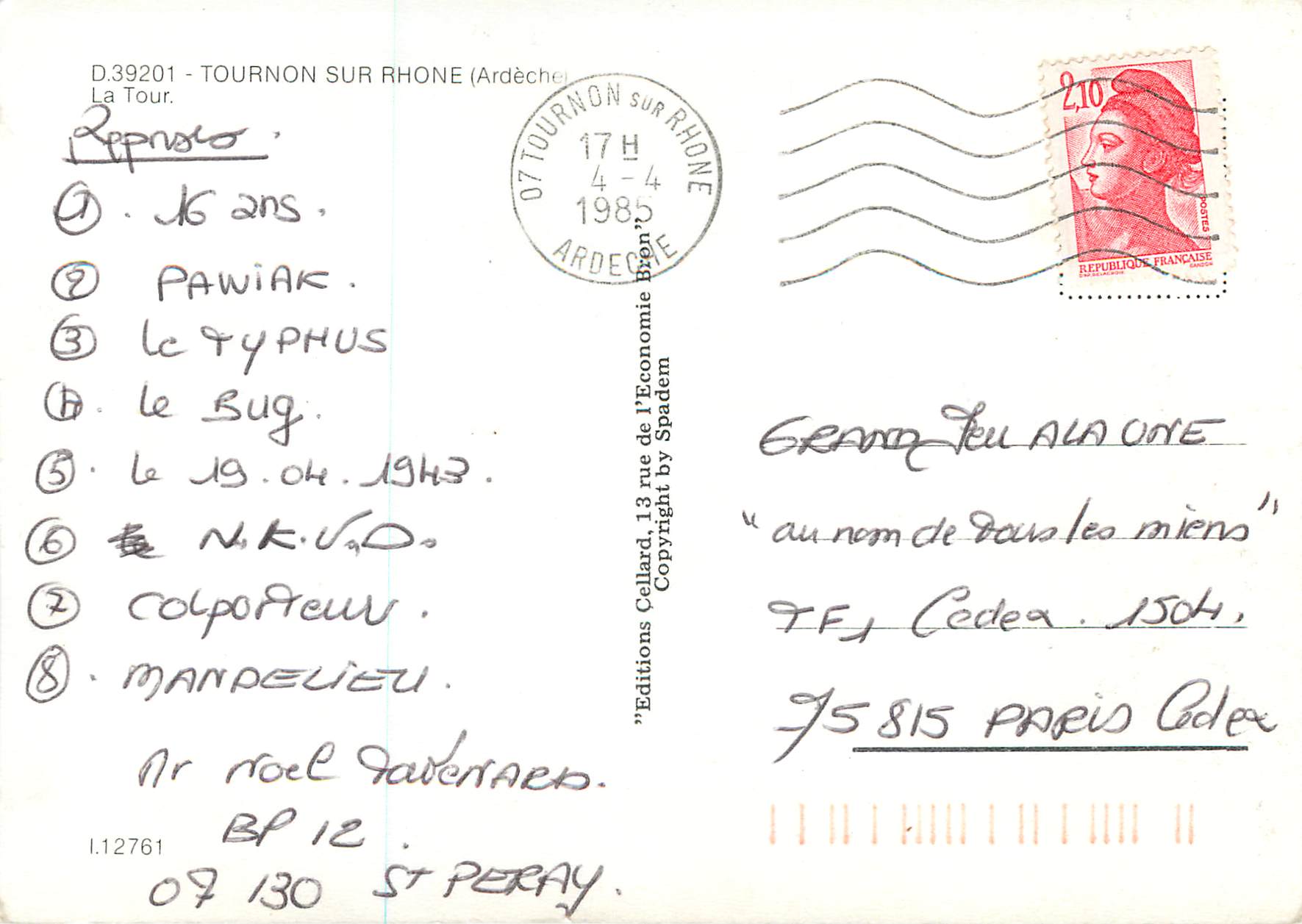 CPA Tournon sur Rhone (Ardeche) la Tour — Rückseite