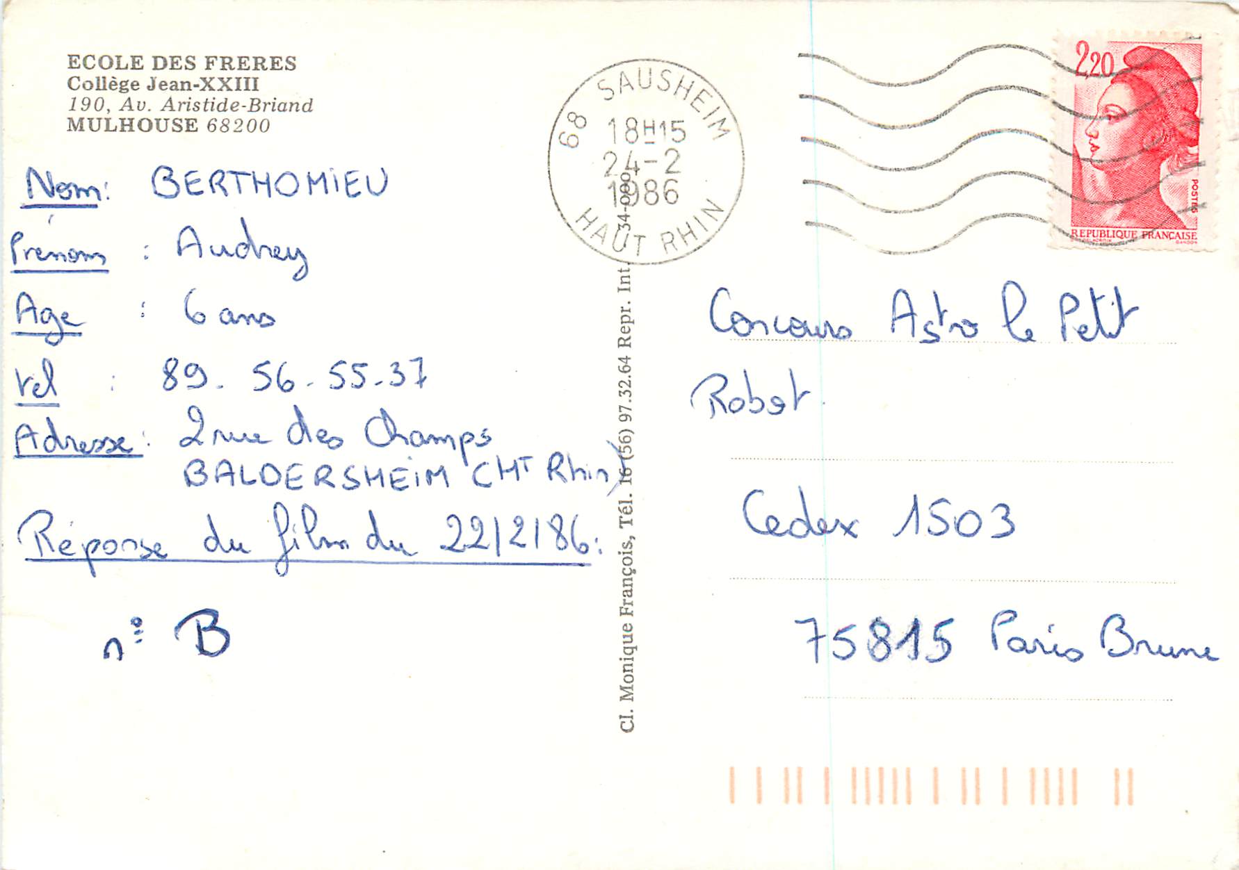 CPM Mulhouse Ecole des Freres College Jean XXIII Aristide Briand — Rückseite