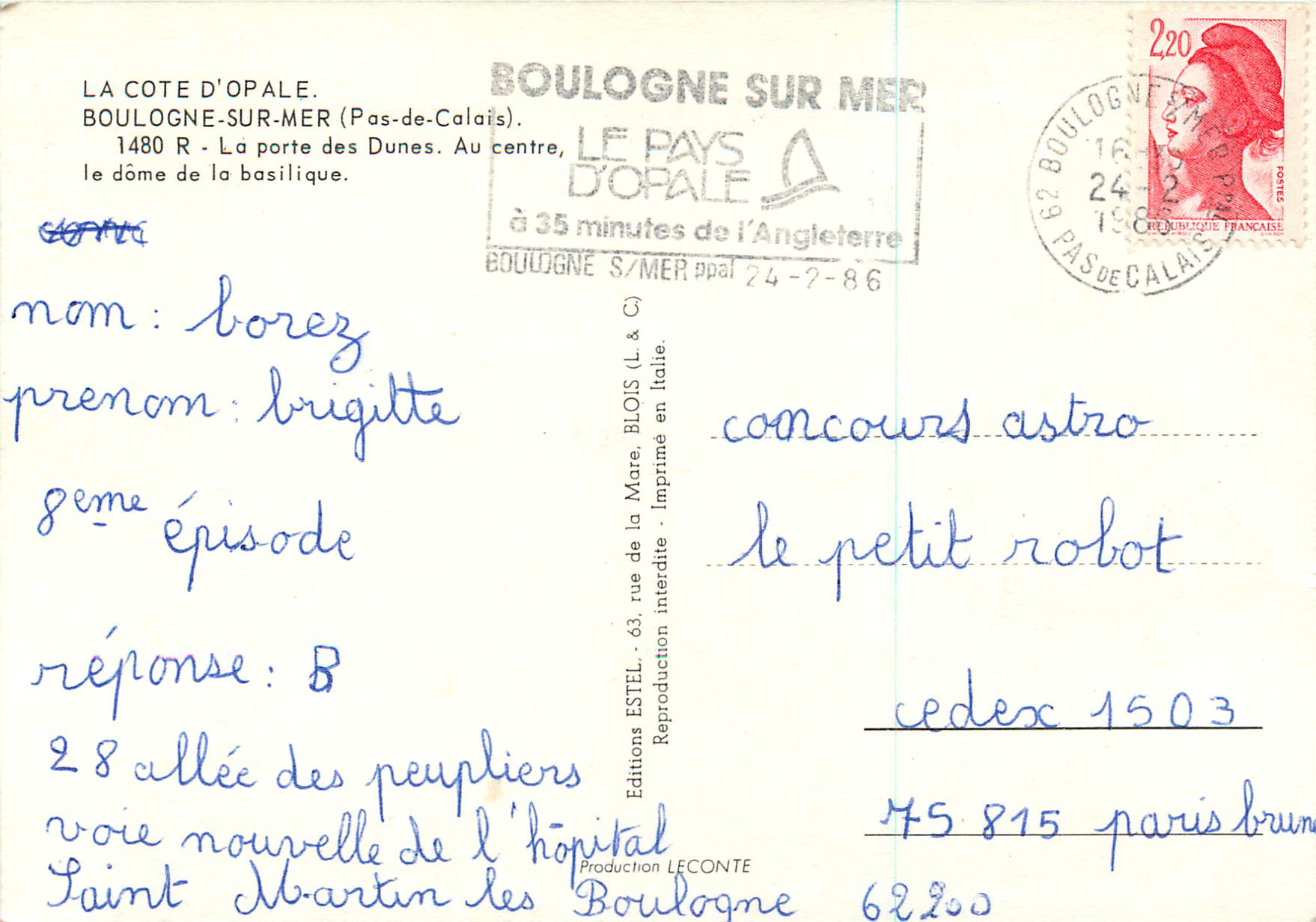 Boulogne-sur-Mer — La porte des Dunes et le dôme de la basilique — Éditions Estel — Verso