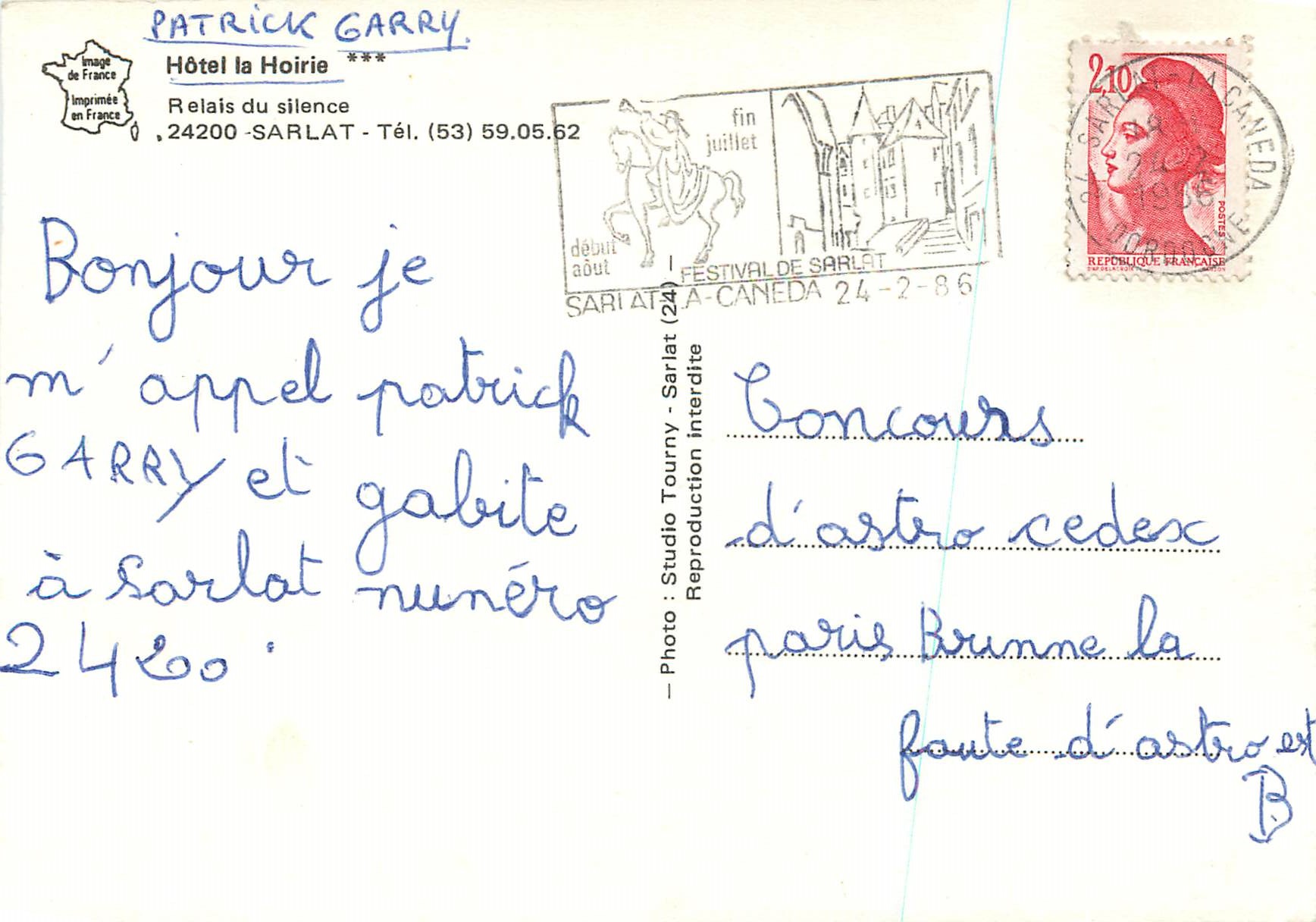 Hôtel du Silence — Sarlat — Photo Studio Tourny — Verso