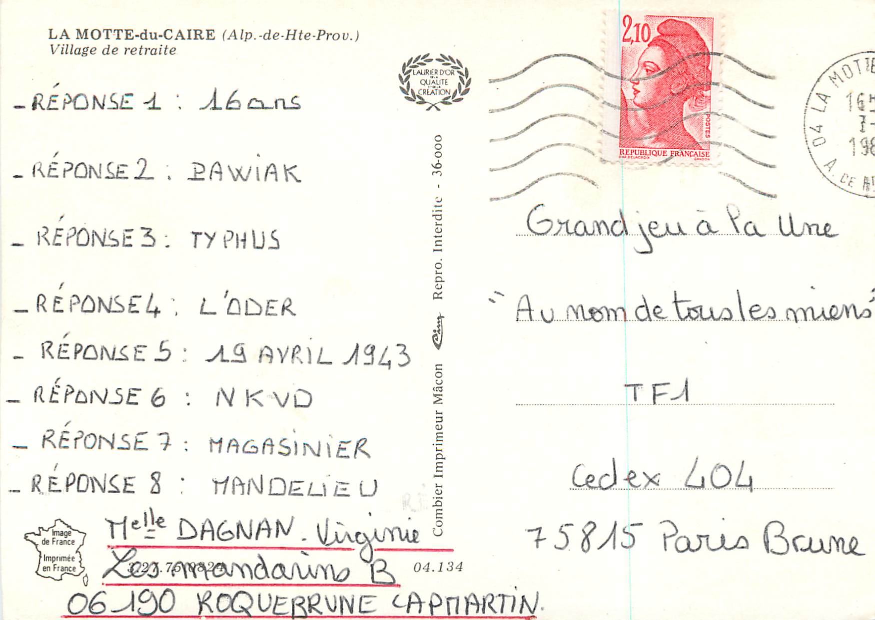 CPM la Motte du Caire (Alp de Hte Prov) Village de Retraite — Rückseite