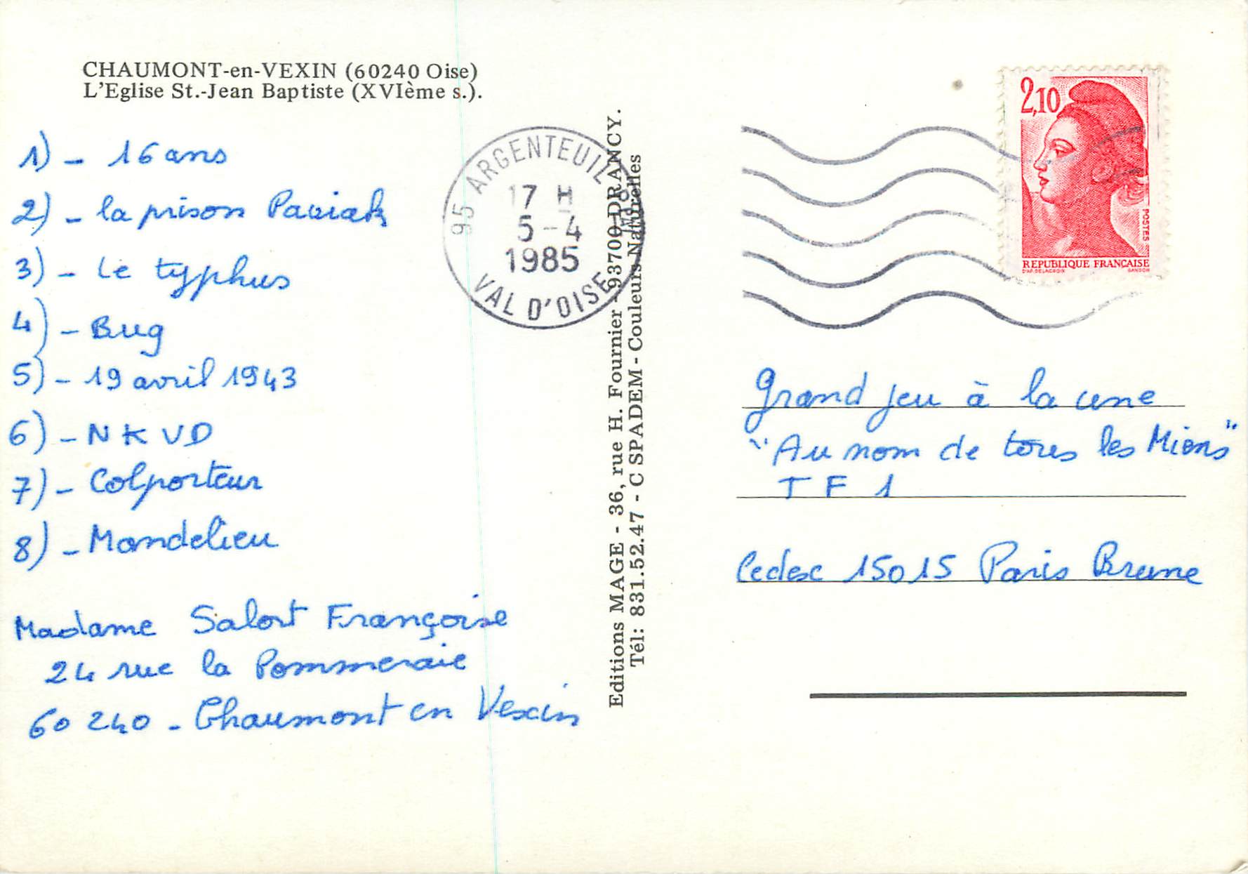 Chaumont-en-Vexin — L'Église Saint-Jean-Baptiste (XVIème s.) — Éditions MAGE — Rückseite
