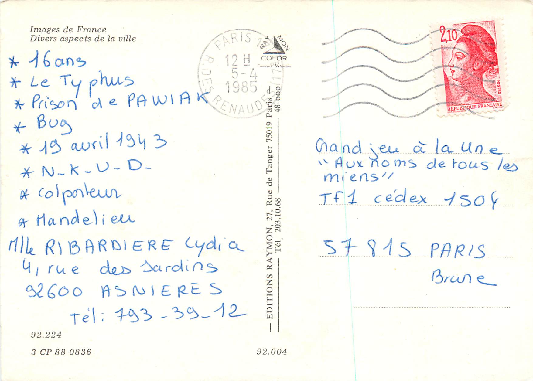 CPM Asnieres Images de France Divers aspects de la Ville — Rückseite
