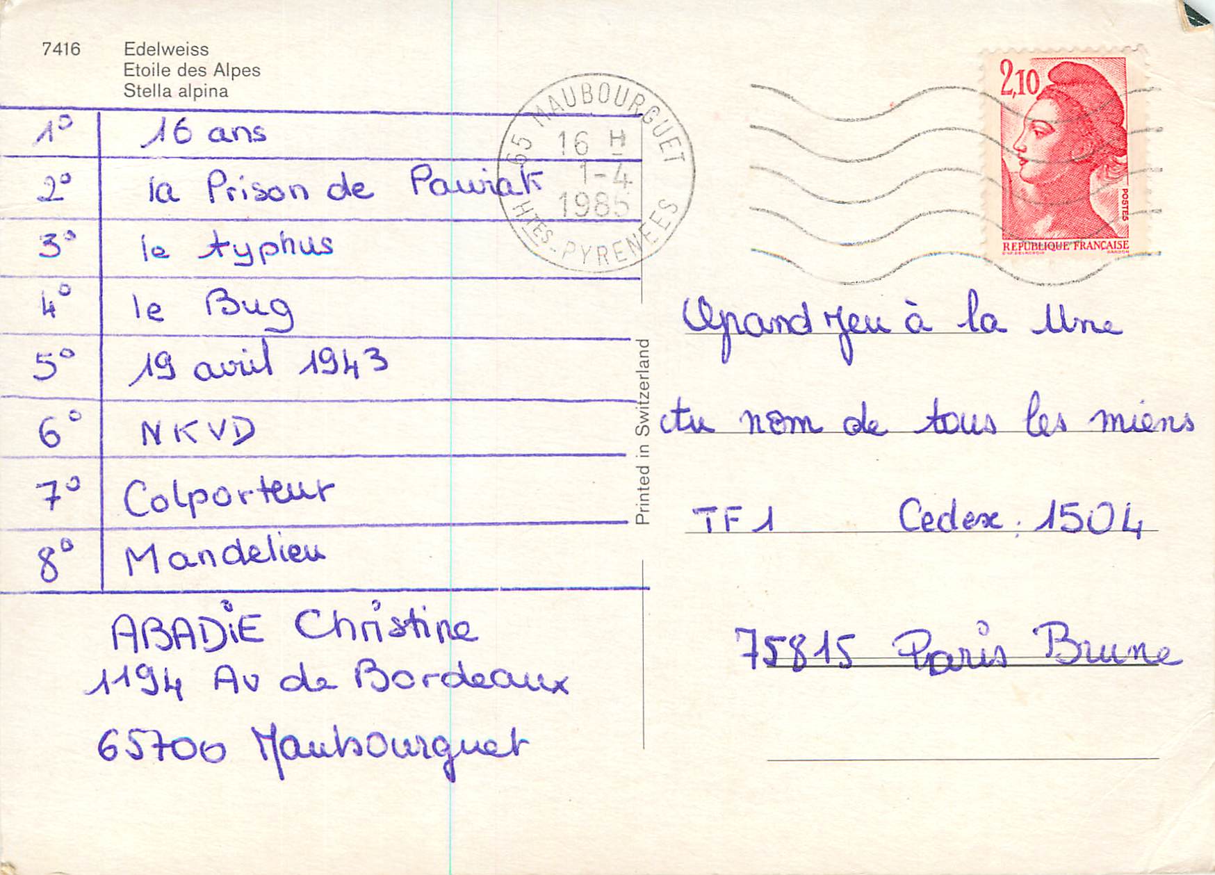 CPM Etoile des Alpes — Verso