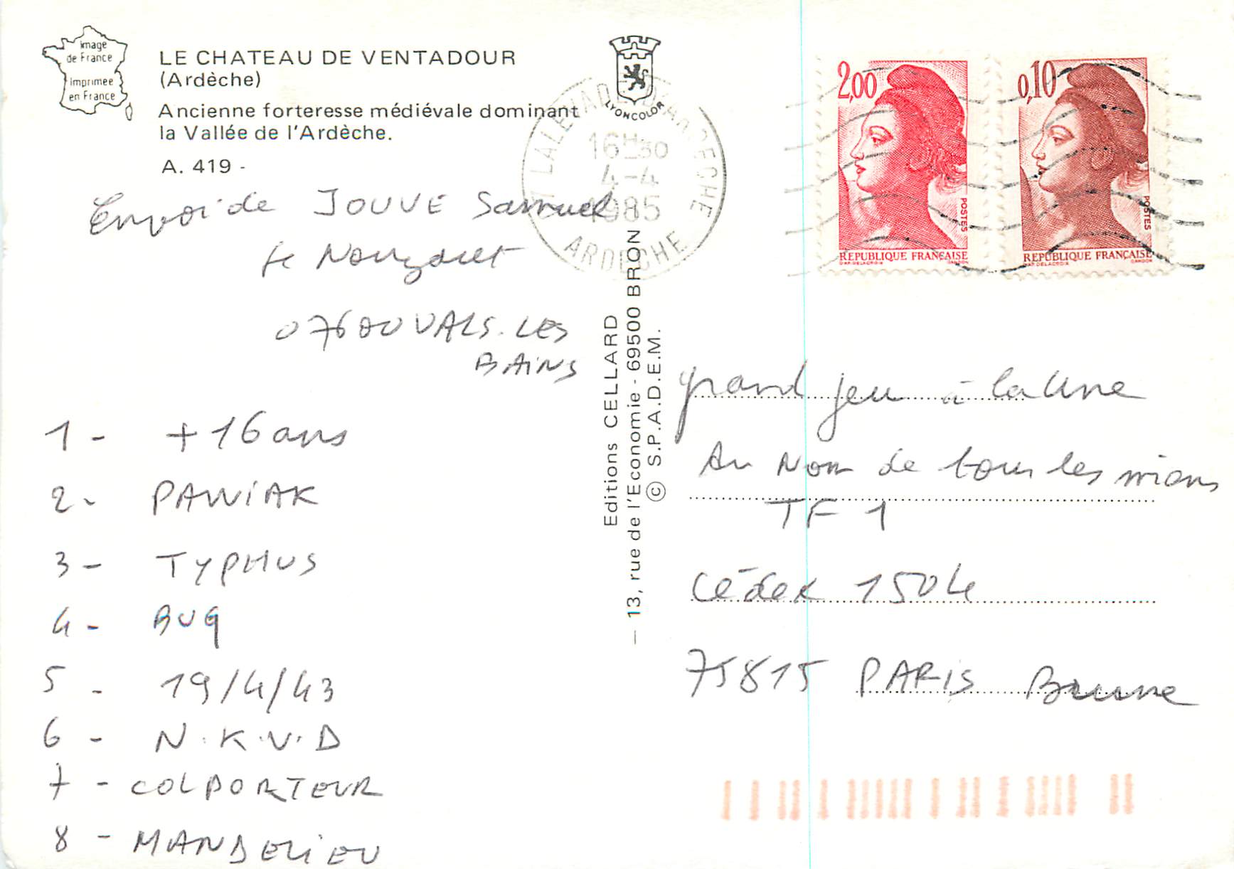 Le Château de Ventadour — Ancienne forteresse médiévale dominant la Vallée de l'Ardèche — Éditions Cellard, n° 419 — Reverso