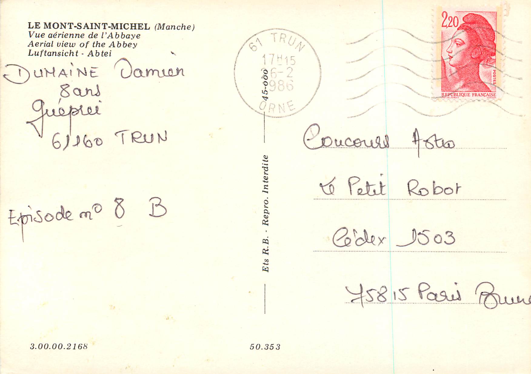 Mont-Saint-Michel — Vue aérienne de l'abbaye — Ets R.B. n° 8 B — Verso