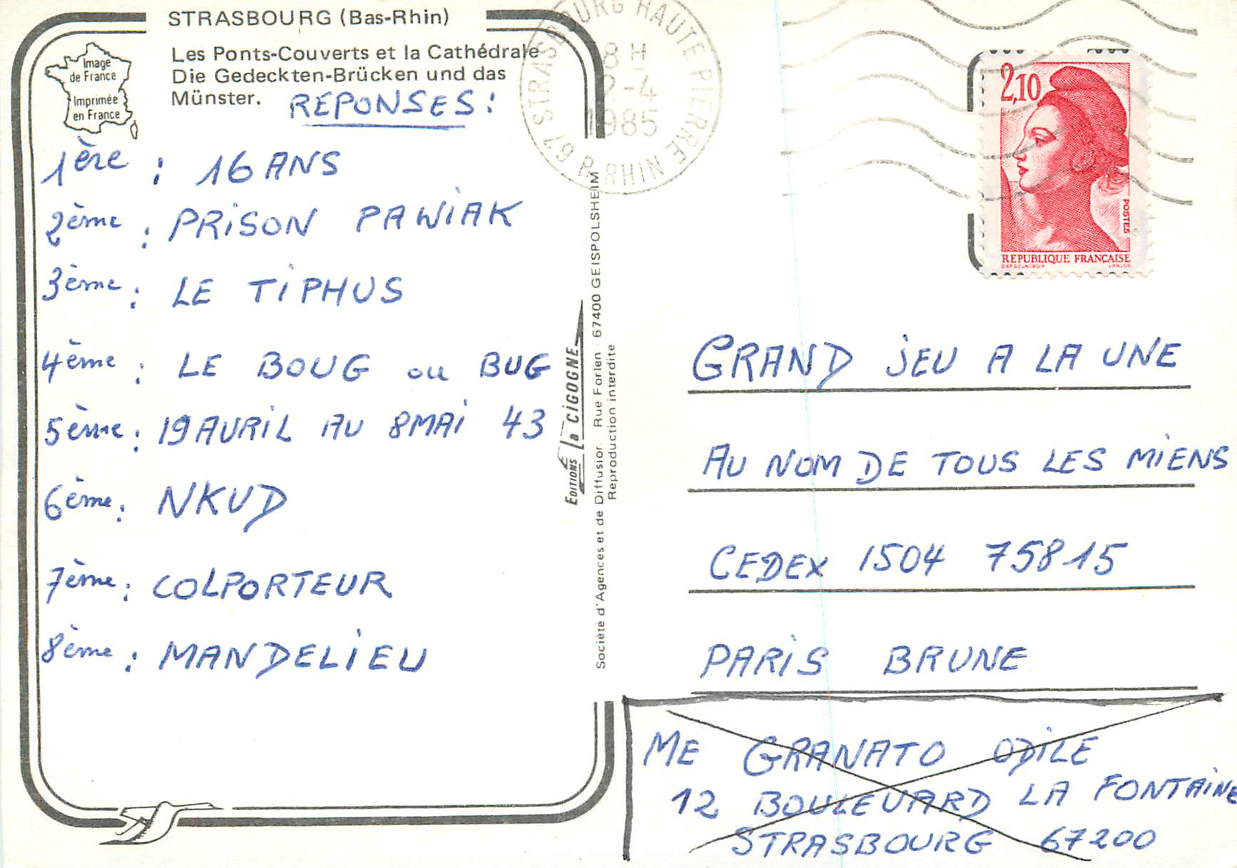 CPM Strasbourg (Bas Rhin) Les Ponts Couverts et la Cathedrale — Rückseite