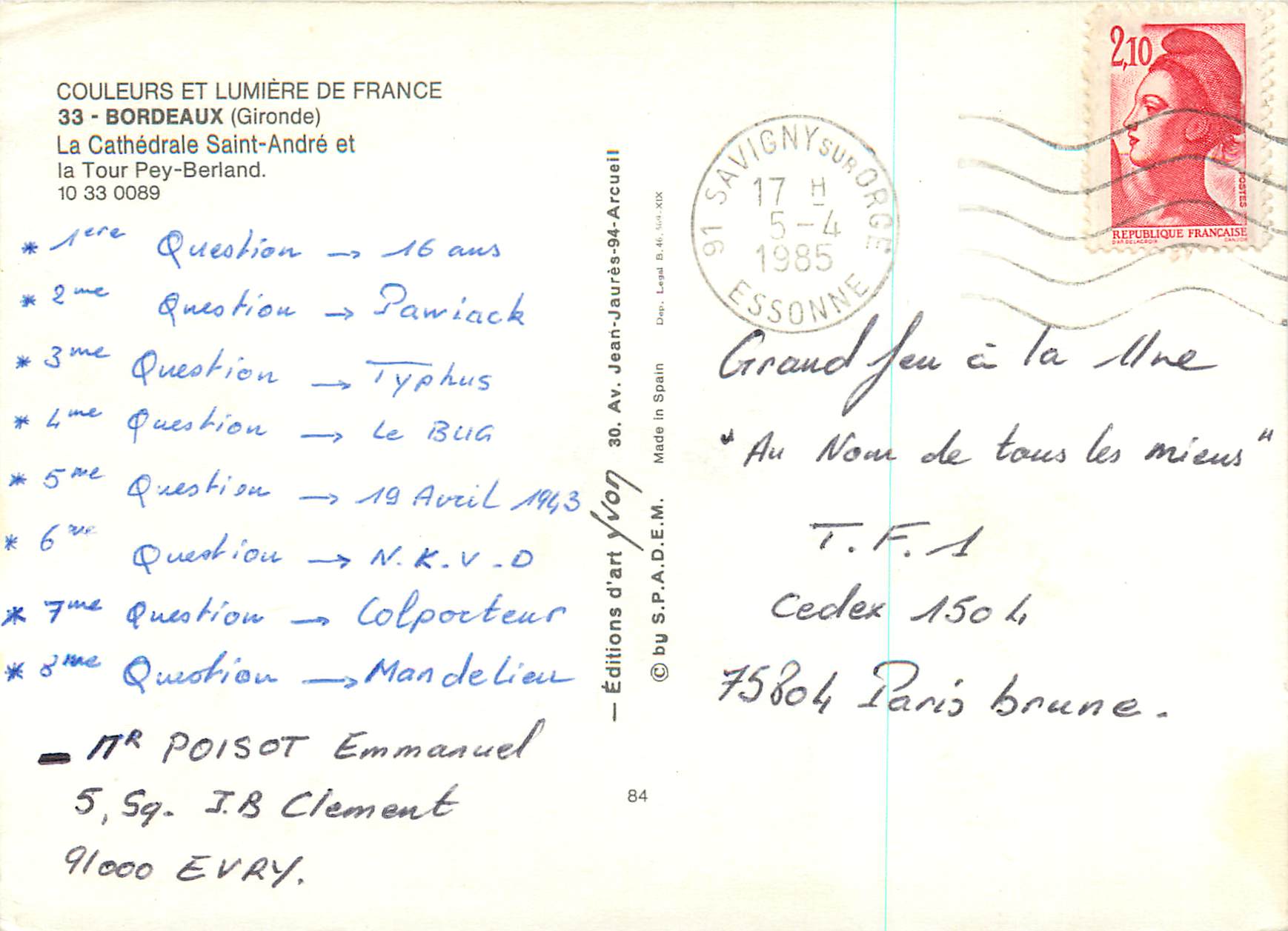 La Cathédrale Saint-André et la Tour Pey-Berland — Bordeaux — Éditions d'art Yvon — Verso
