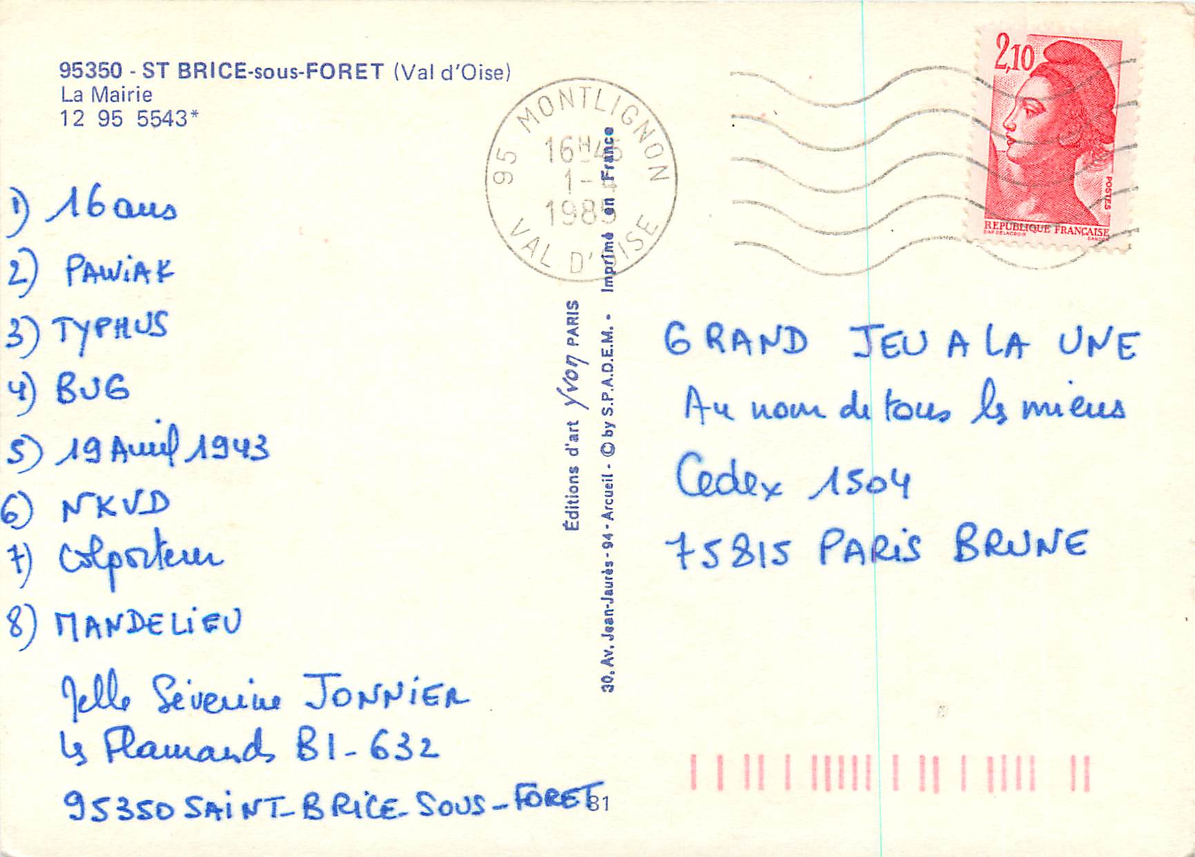 CPM St Brice sous Foret (Val d'Oise) La Mairie — Rückseite