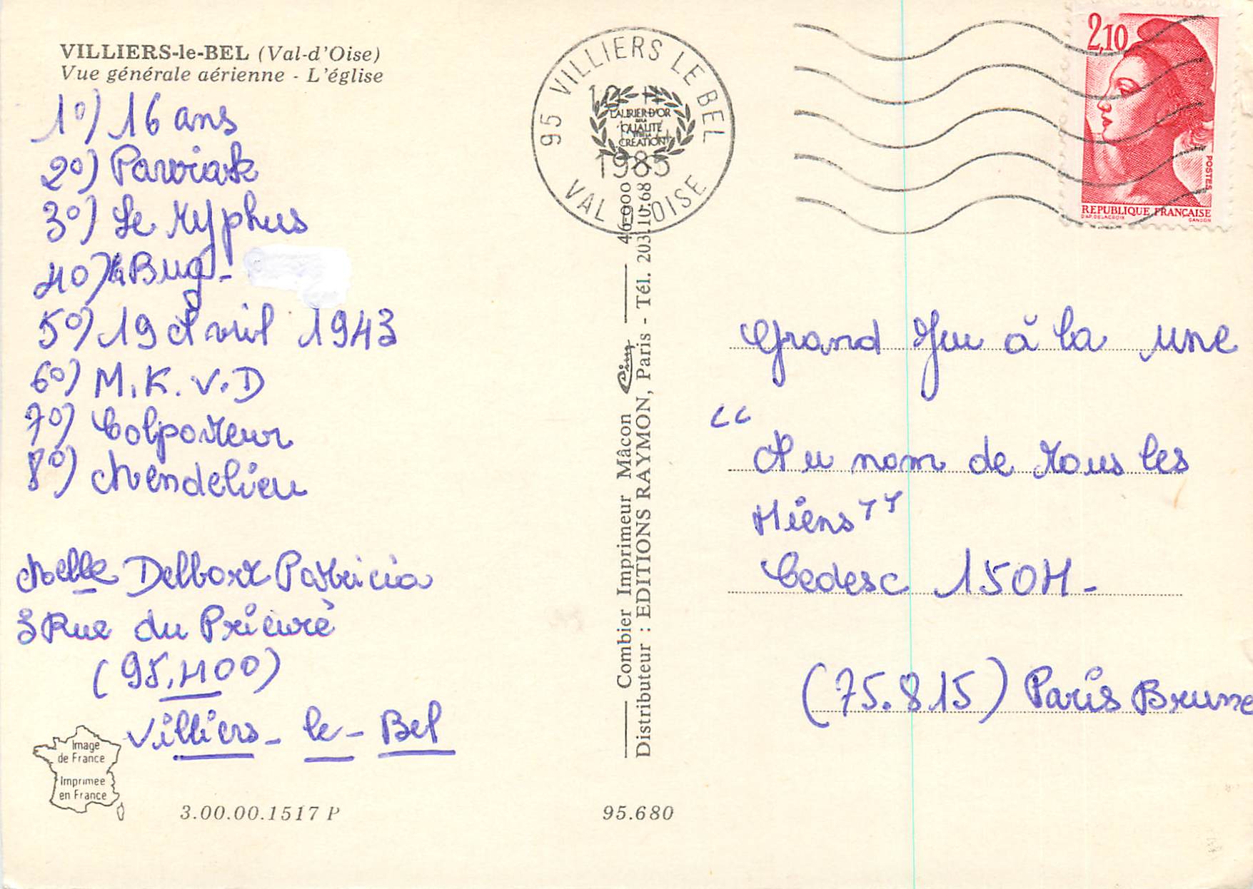 CPM Villiers le Bel (Val d'Oise) Vue Generale Aerienne L'Eglise — Rückseite