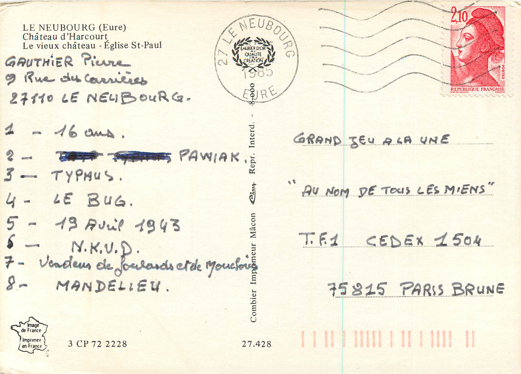 Le Neubourg — Château d'Harcourt, Église Saint-Paul, Vieux château — Imprimeur Combier — Rückseite
