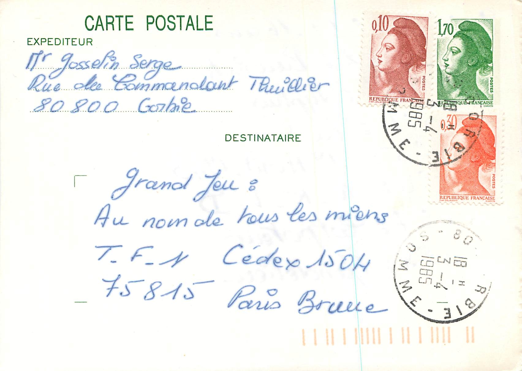 Carte Entier Marianne 1F70 Gorbie 1985 pour Grand Jeu Au nom de tous les miens