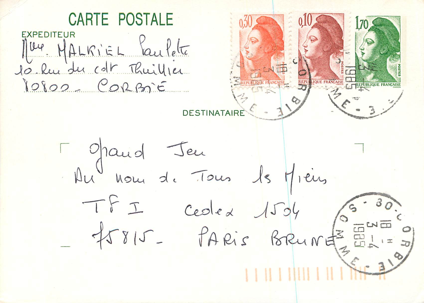 Carte Entier Marianne 1F70 Gorbie 1985 pour Grand Jeu Au nom de tous les miens