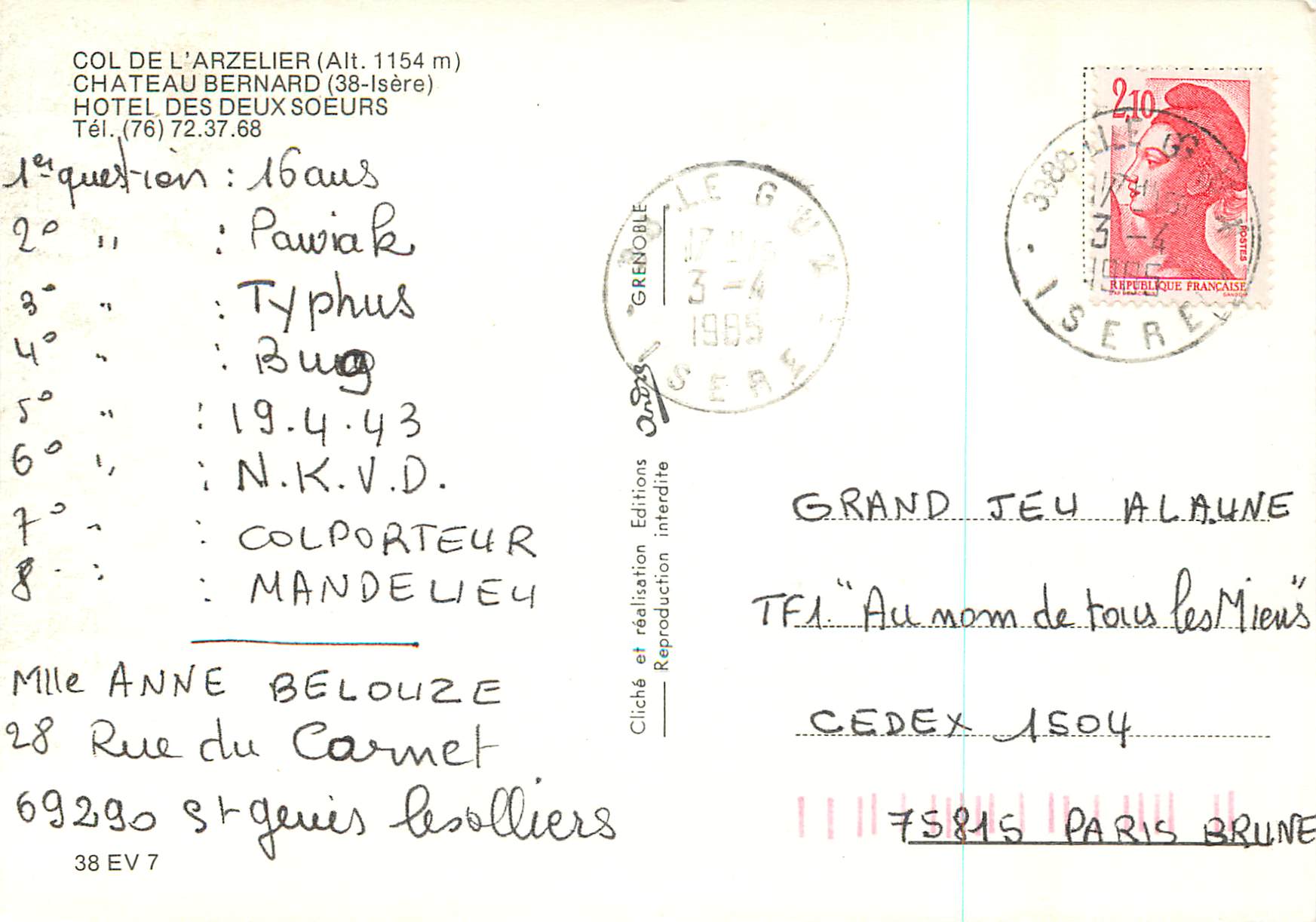 Hôtel des Deux Sœurs — Col de l'Arzelier (Alt. 1154 m), Château Bernard (38-Isère) — Éditions Interdite — Verso