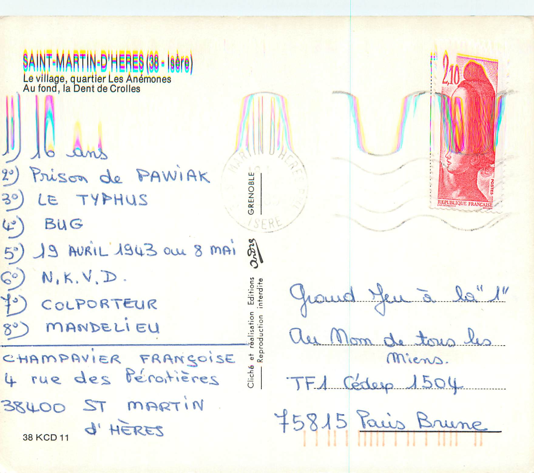 Saint-Martin-d'Hères (38 - Isère) — Le village, quartier Les Anémones — Au fond, la Dent de Crolles — Éditions Martin d'Hères, n° 38 KCD 11 — Verso