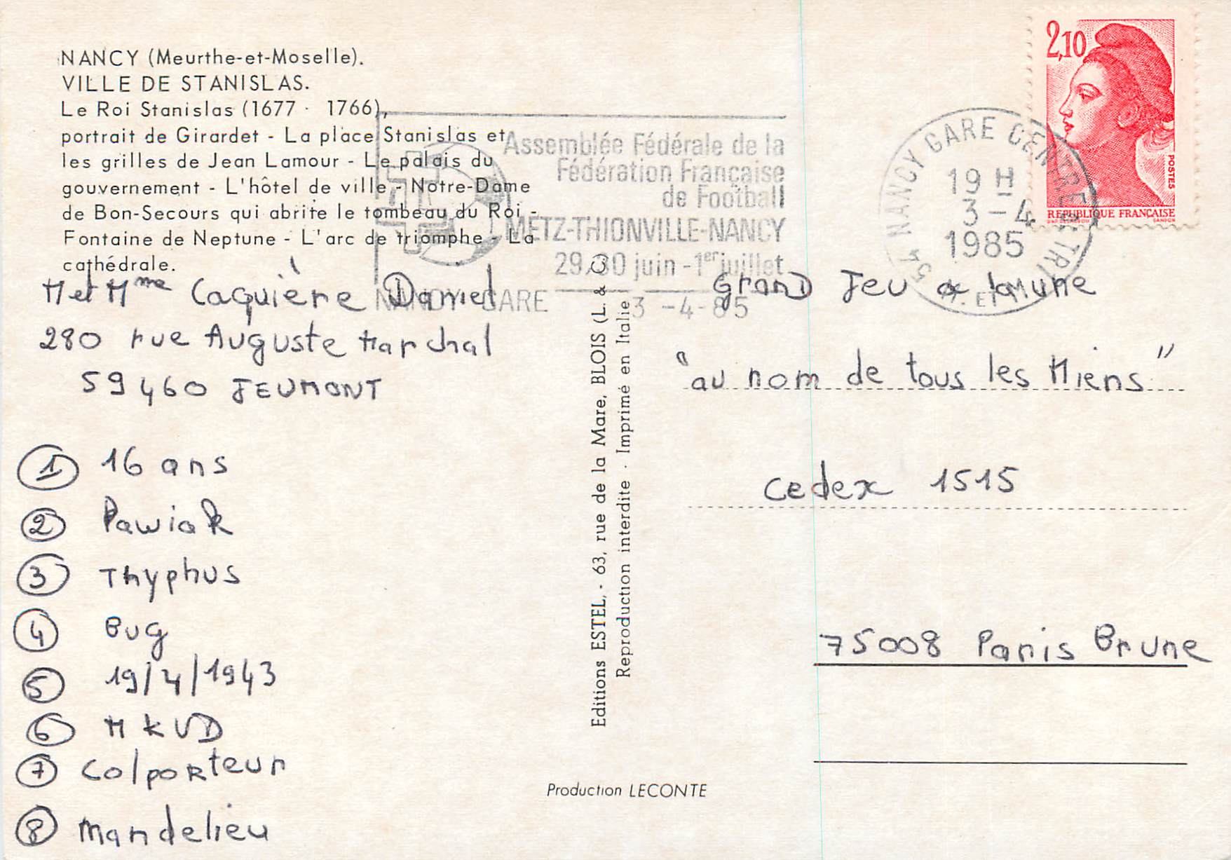 CPM Nancy (Meurthe et Moselle) Ville du Roi Stanislas — Verso