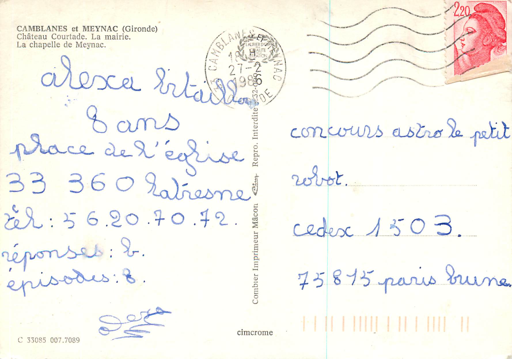 CPM Camblanes et Meynac (Gironde) Chateau Courtade La Mairie La Chapelle de Maynac — Rückseite