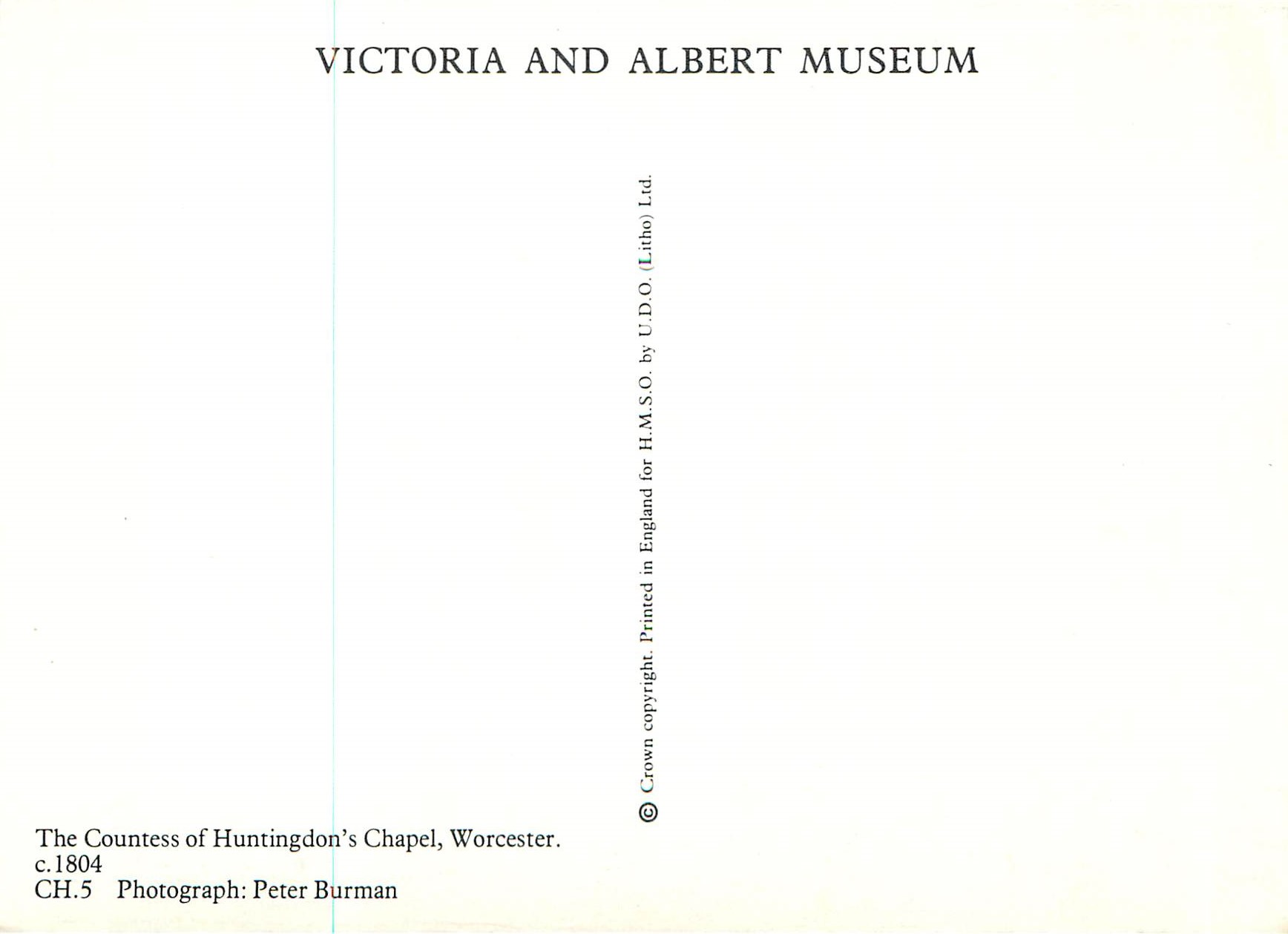CPM Victoria and Albert Museum Worcester The Countess of Huntingdon's Chapel  — Rückseite