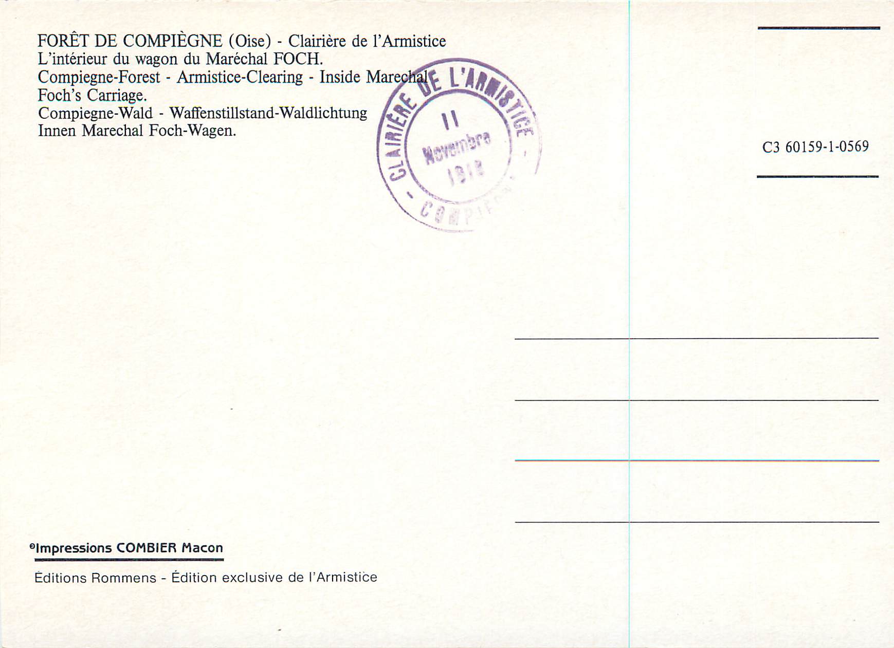 CPM Foret de Compiegne (Oise) Clairiere de l'Armistice Interieur du Wagon du Marechal Foch Militaria — Verso