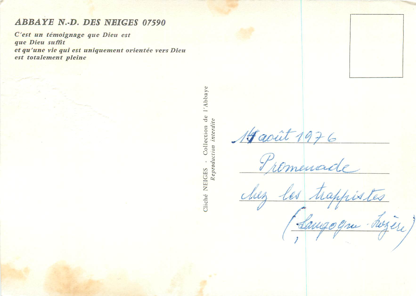 CPM Trappe Notre Dame des Neiges alt 1100 m — Back