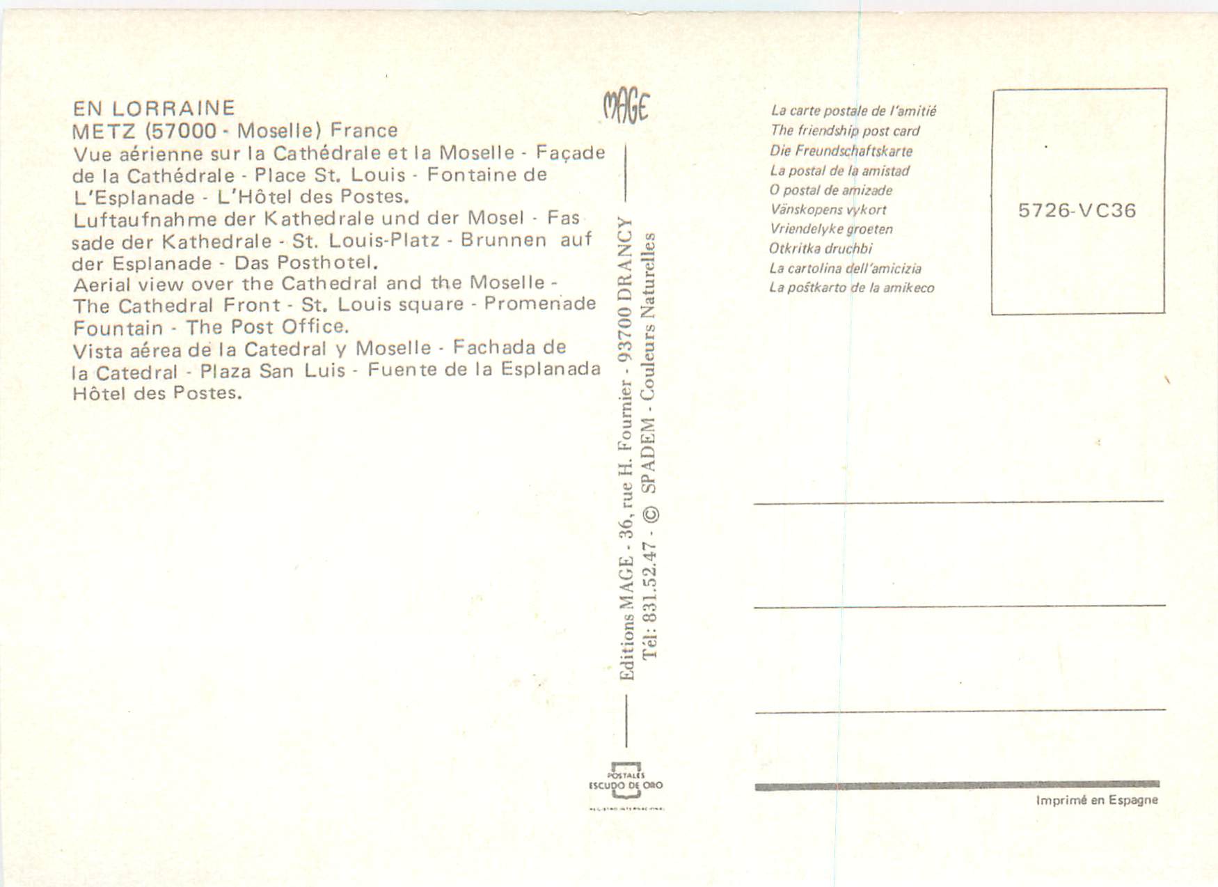 Metz — Ville d'Art — Éditeur MACE, n° 5726-VC36 — Verso